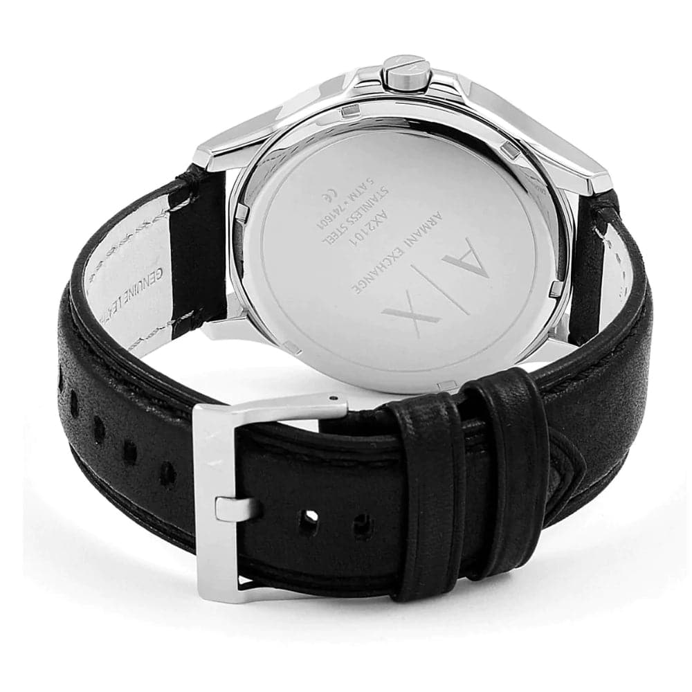 ARMANI EXCHANGE AX2101 Men's Analog Quartz Watch - Stainless Steel Case with Black Leather Strap - Silver Dial for Business & Casual Wear
