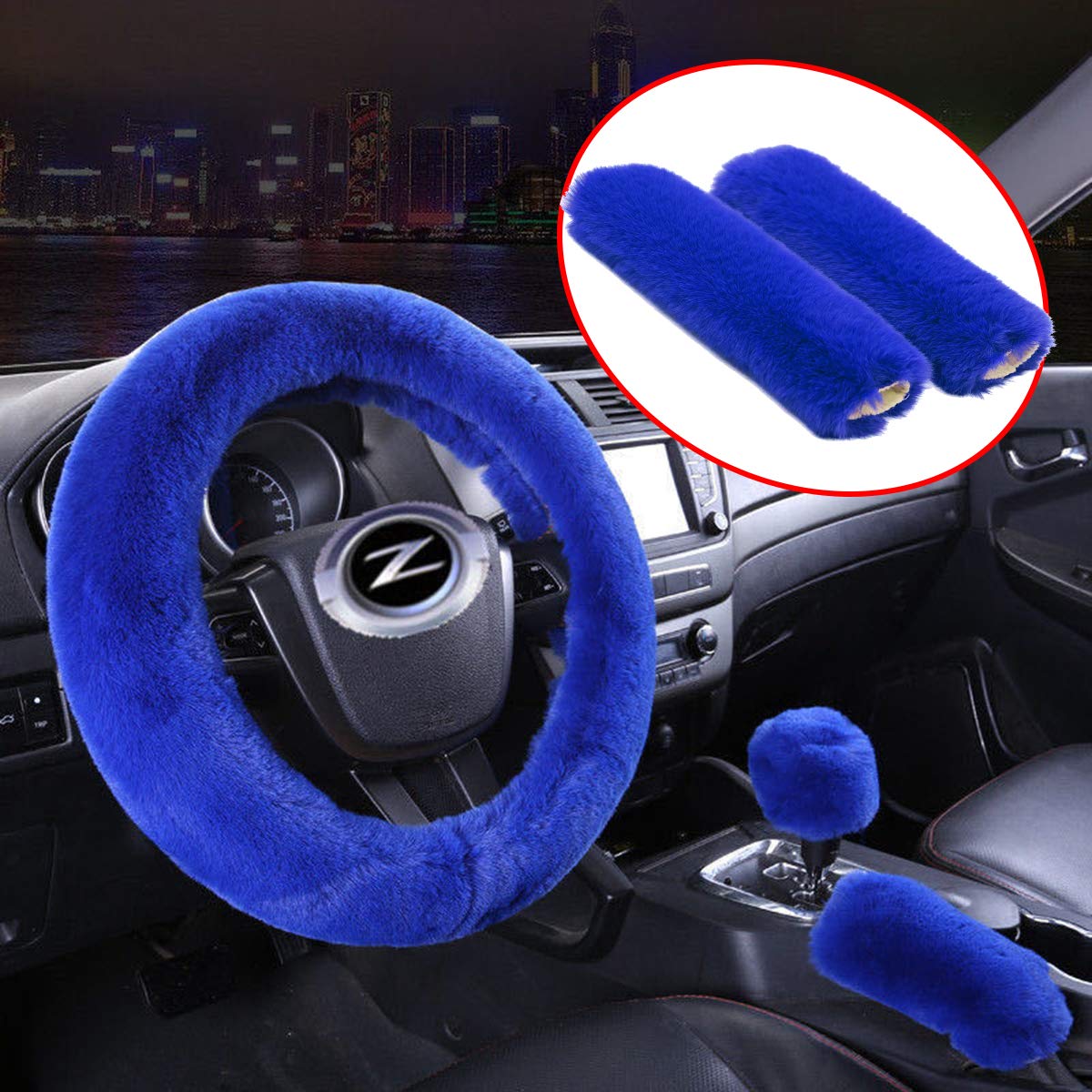 5-Piece Winter Car Accessories Set - Faux Wool Steering Wheel Cover, Handbrake Cover, Gear Shift Cover & Seat Belt Shoulder Pads (Blue) - Warm & Comfortable for Cold Weather Driving