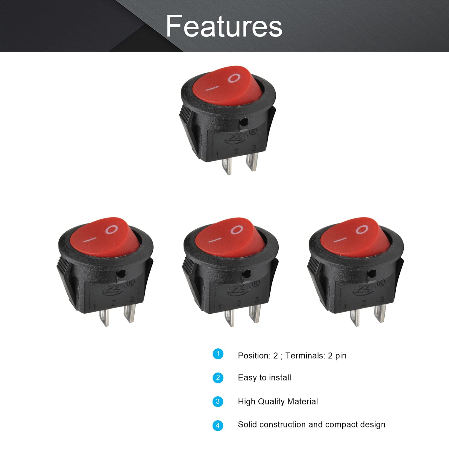 Fielect 10Pcs SPST 2 Position On/Off Round Rocker Switch - 125V/10A 250V/6A Toggle Switch with 2 Terminals (Red) - Perfect for Boats, RVs, Marine & Automotive Electrical Systems