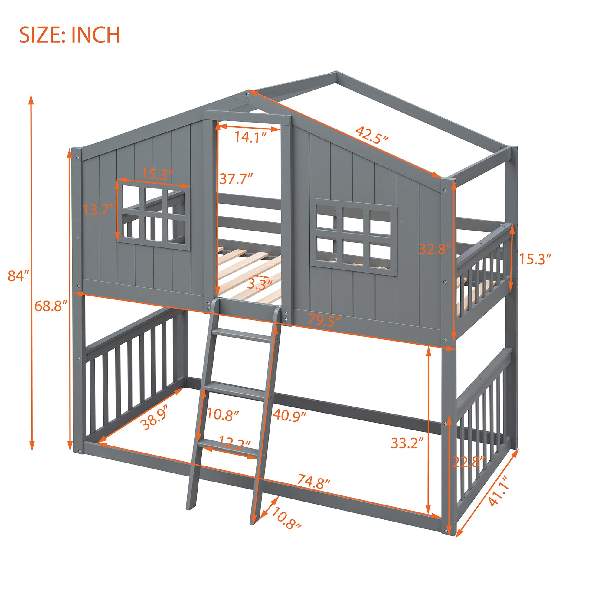 P PURLOVE Twin Over Twin Bunk Bed with Ladder & Guardrail - Low House Style Wooden Bunk Bed Frame with Roof & Window - Space Saving Kids Bed for Teens, Girls & Boys in Gray - Perfect for Small Bedrooms, Shared Kids Rooms & Vacation Homes