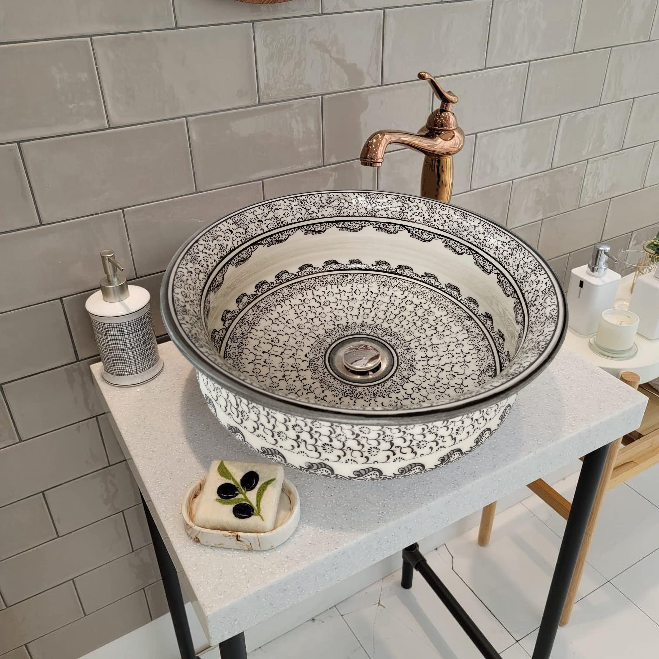 Stylish White & Black Ceramic Vessel Sink - Modern Above Counter Bathroom Basin for Vanity Remodeling, Glossy Finish Bowl Sink Lavatory - Perfect for Contemporary Home & Hotel Bathroom Upgrades