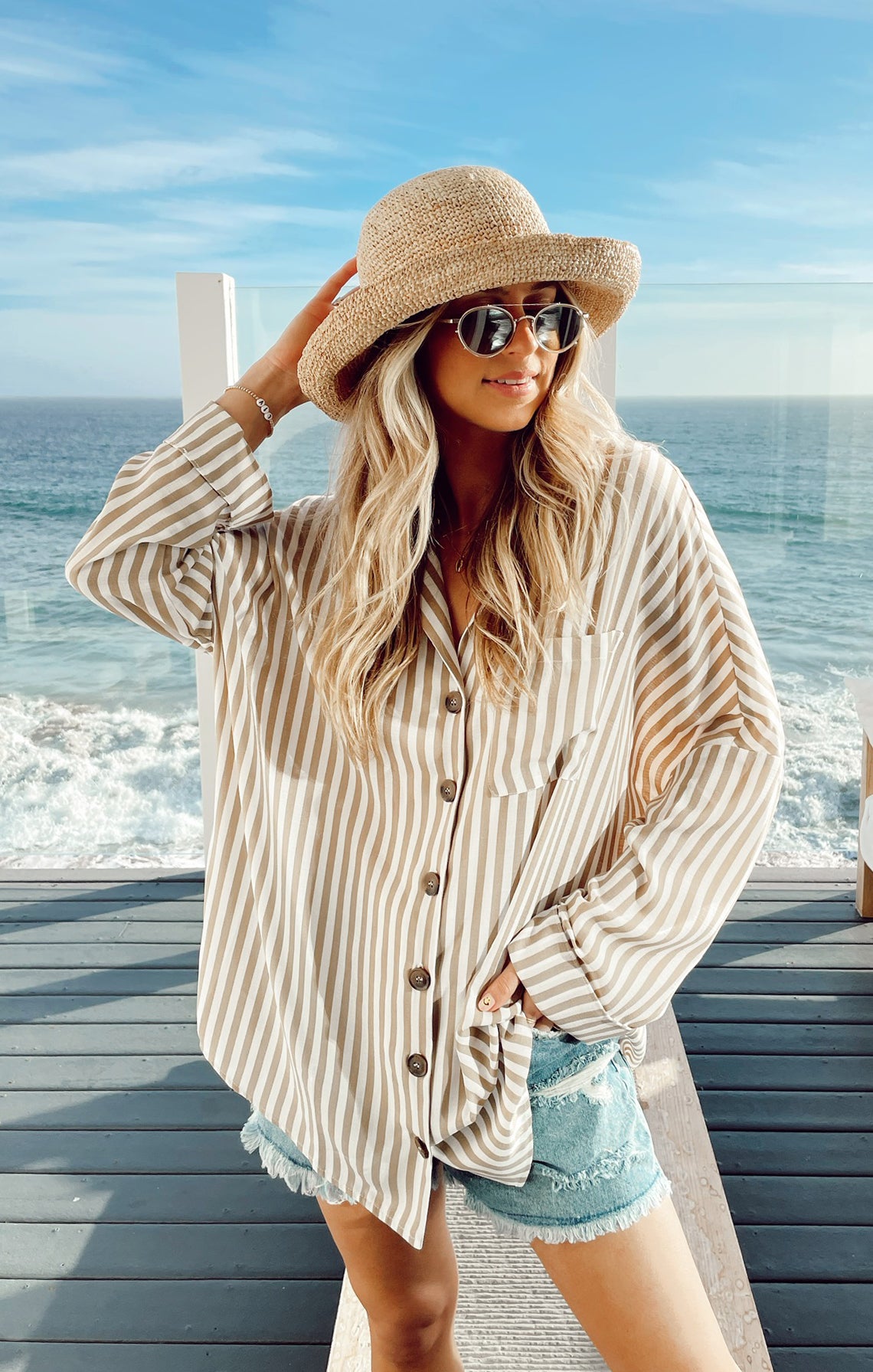 Lorolie Women's Beige Striped Tunic Top - Casual Everyday Wear for Work, Office & Outings