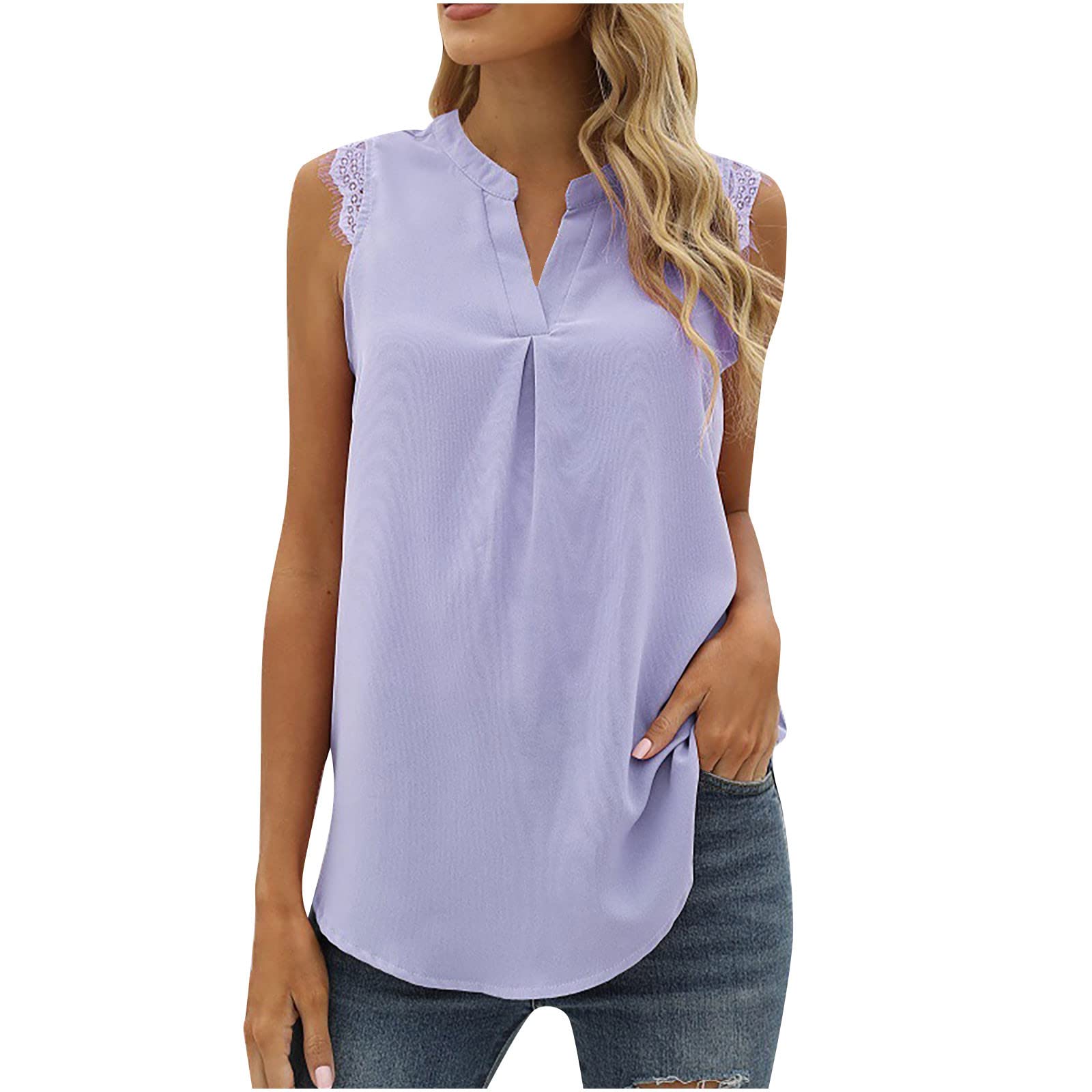 Women's Casual Lace Sleeveless Vest V-Neck T-Shirt - Solid Color Summer Tops for Women | Perfect for Beach Outings, Date Nights & Casual Wear