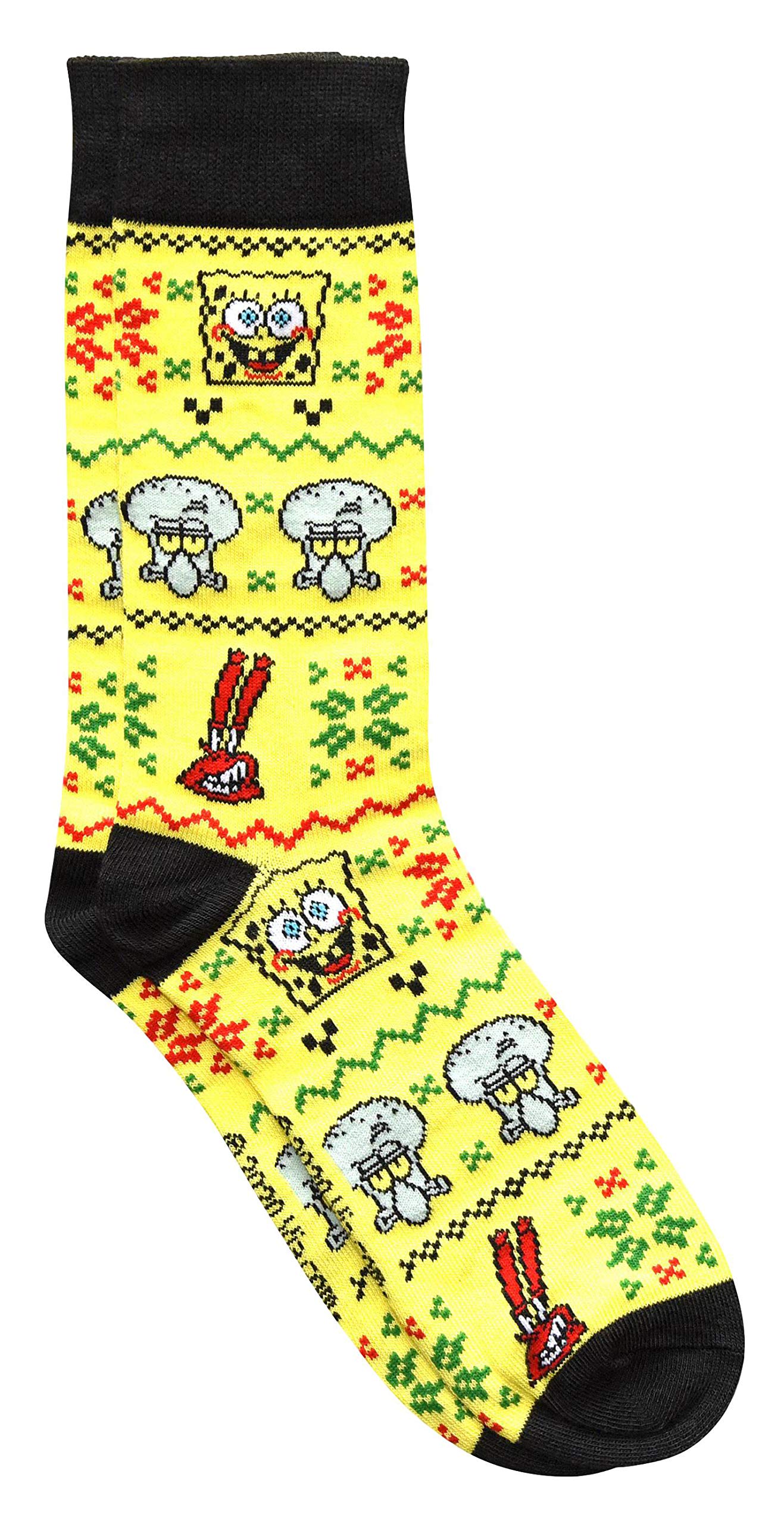 Spongebob Squarepants & Patrick Christmas Socks - 2 Pairs Ugly Sweater Pattern Crew Socks for Holiday Gifts, Xmas Party Outfits & Winter Cosplay