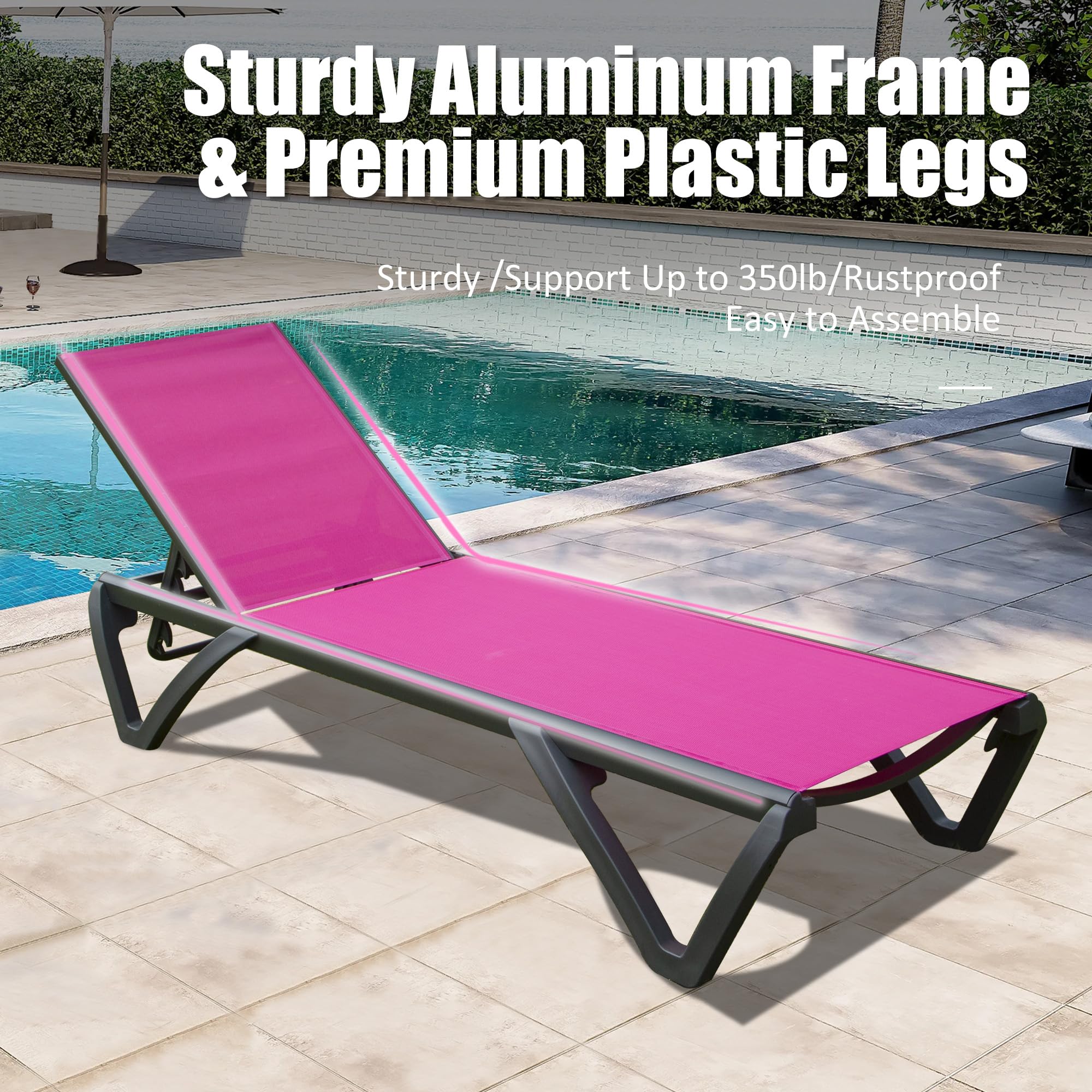 **Domi Pool Lounge Chairs Set of 2, Adjustable Aluminum Patio Chaise Lounge with Wheels - 5-Position Reclining, All-Weather Outdoor Furniture for Beach, Yard, Balcony & Poolside (Pink) - Perfect for Sunbathing, Relaxing & Outdoor Lounging**