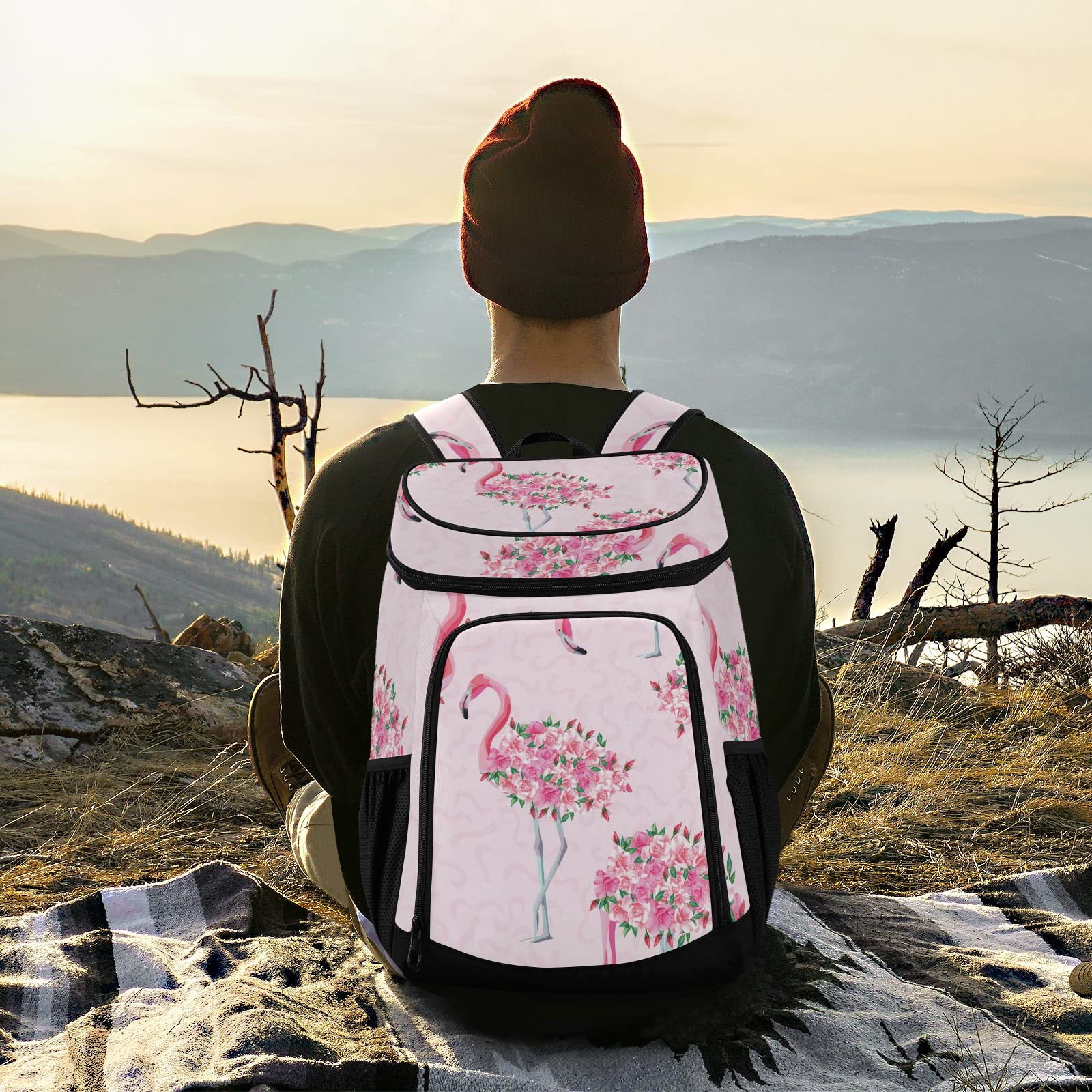 **Insulated Leakproof Cooler Backpack for Women & Men - Large Capacity Picnic Lunch Bag for Beach, Camping, Hiking, Fishing & Work - Flamingo Floral Design**    *(Perfect for outdoor adventures, picnics, beach trips, and keeping meals fresh at work or school!)*