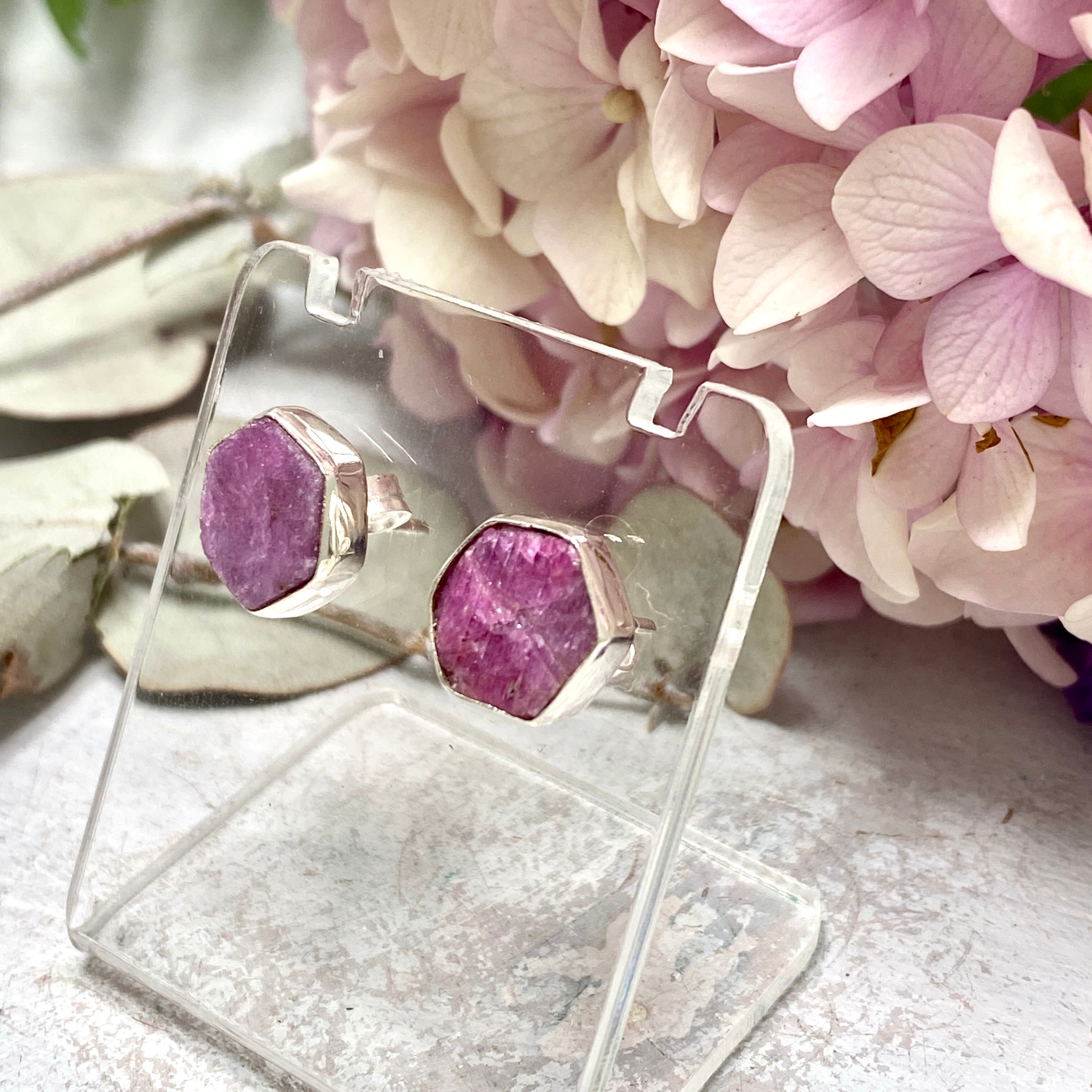 Natural Ruby Raw Hexagonal Stud Earrings KEGJ1255 - Elegant Handmade Jewelry for Women, Perfect for Weddings, Parties & Daily Wear