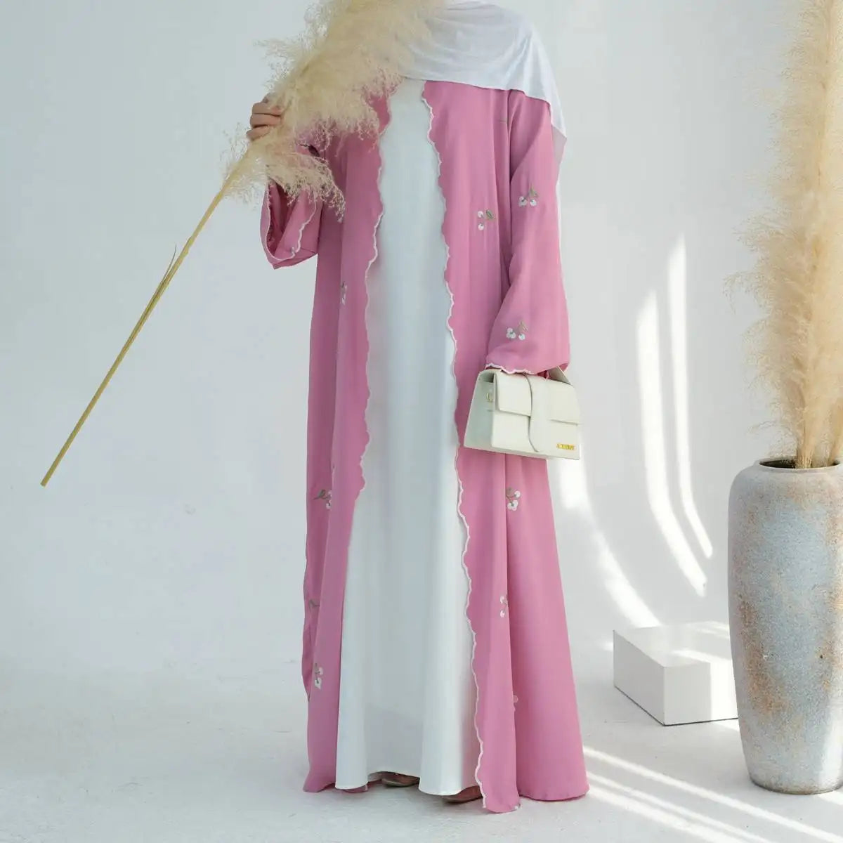 Elegant Floral Embroidered Open Front Abaya Dress for Women - Boho Chic Cardigan Cover Up - Perfect for Prayer, Mosque, and Special Occasions