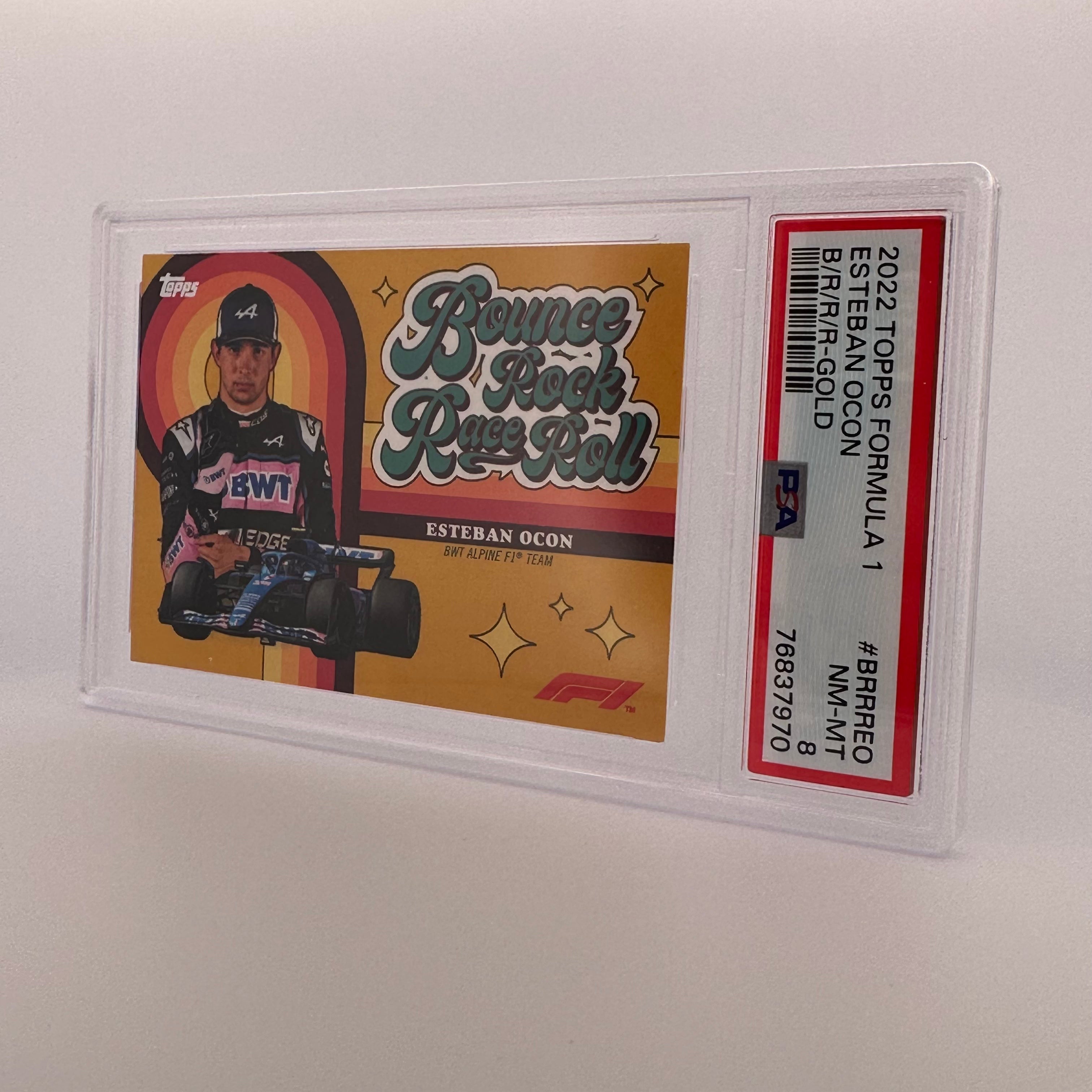 PSA 8 Esteban Ocon #BRRREO Bounce Rock Race Roll Gold - 14/50 Limited Edition Trading Card for Collectors & Racing Fans - Perfect for Display, Gifts, and Investment