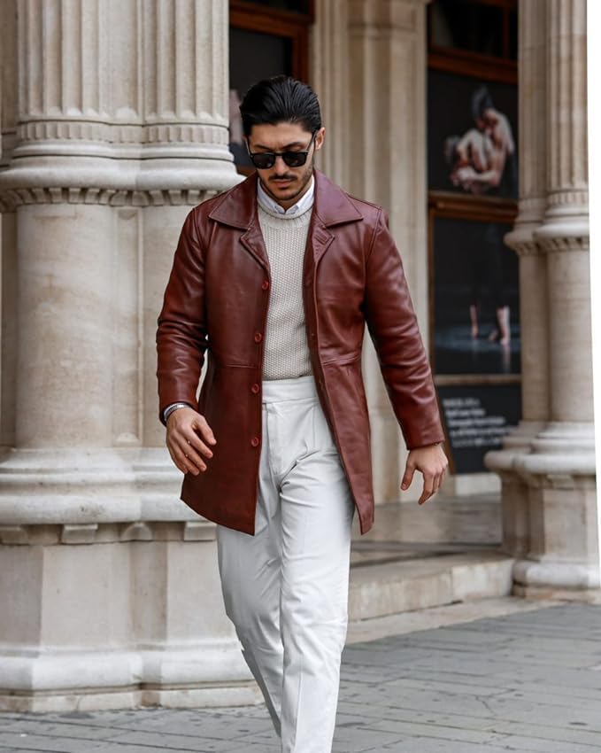 Decrum Genuine Leather Coat for Men - Classic Long Winter Car Coat Jacket | Stylish & Warm Outerwear for Casual Wear, Office & Outdoor Activities