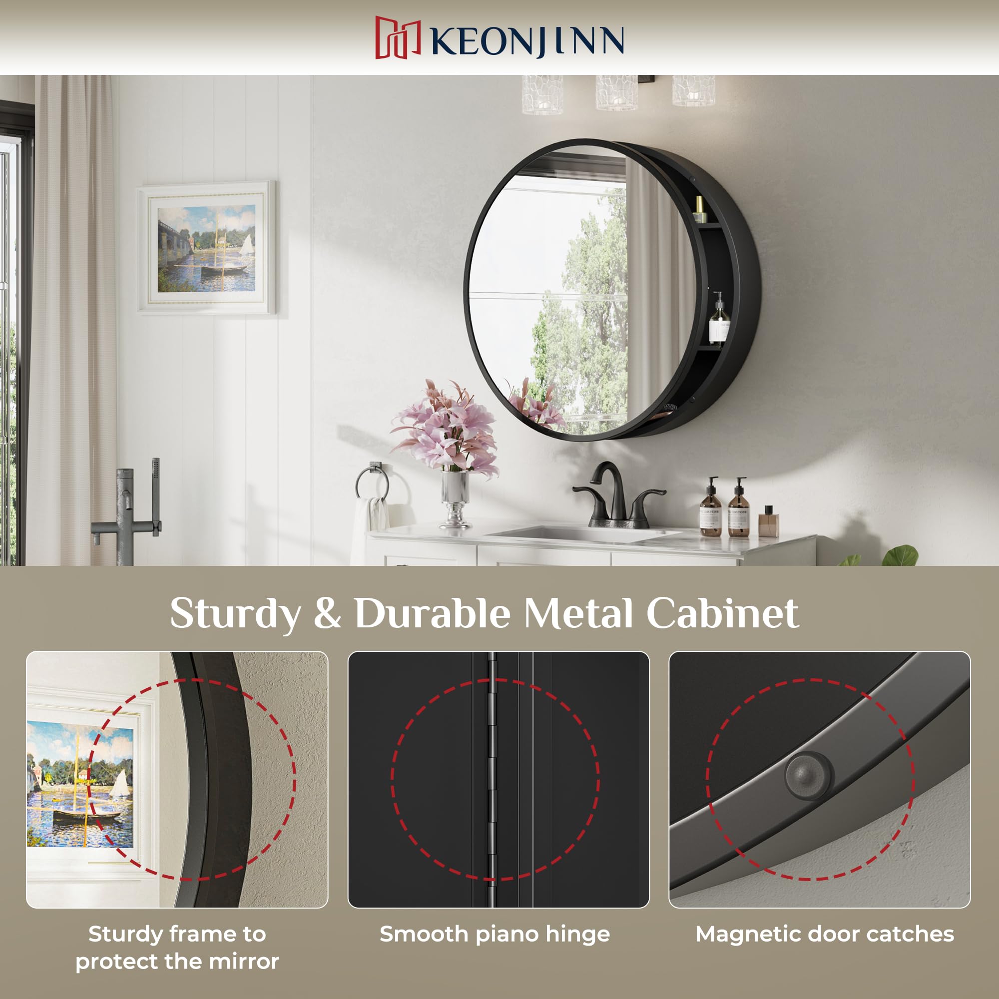 Keonjinn 26 Inch Round Black Medicine Cabinet with Mirror - Surface Mount Metal Frame Bathroom Storage - Farmhouse Style Wall Mounted Vanity Mirror with Detachable Shelves for Bathroom, Bedroom & Entryway Organization
