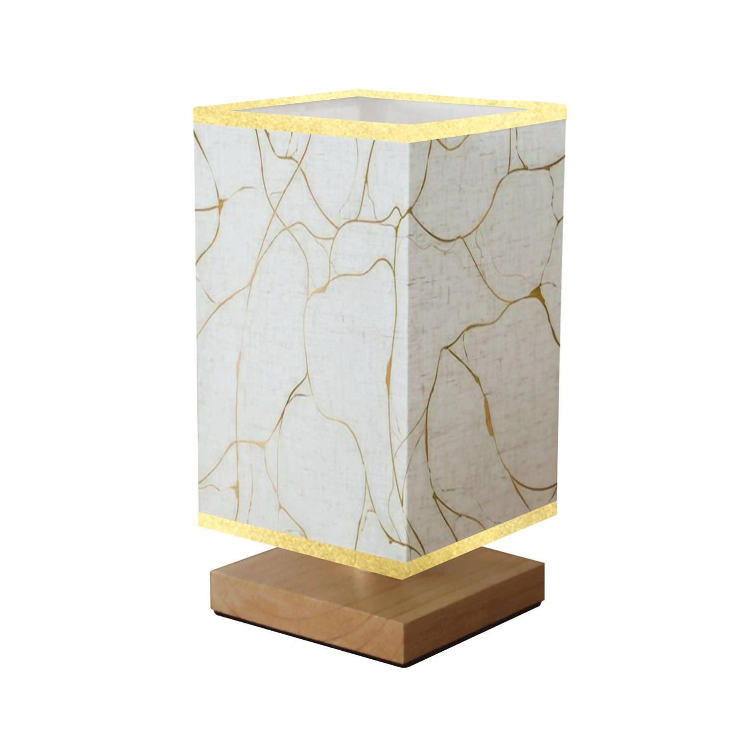 Gold Kintsugi Square Bedside Table Lamp with Crack & Broken Effects - Marble Wooden Base & Flaxen Fabric Shade - Dimmable Nightstand Lamp for Bedroom, Living Room, Office | Perfect for Reading, Relaxing & Home Decor