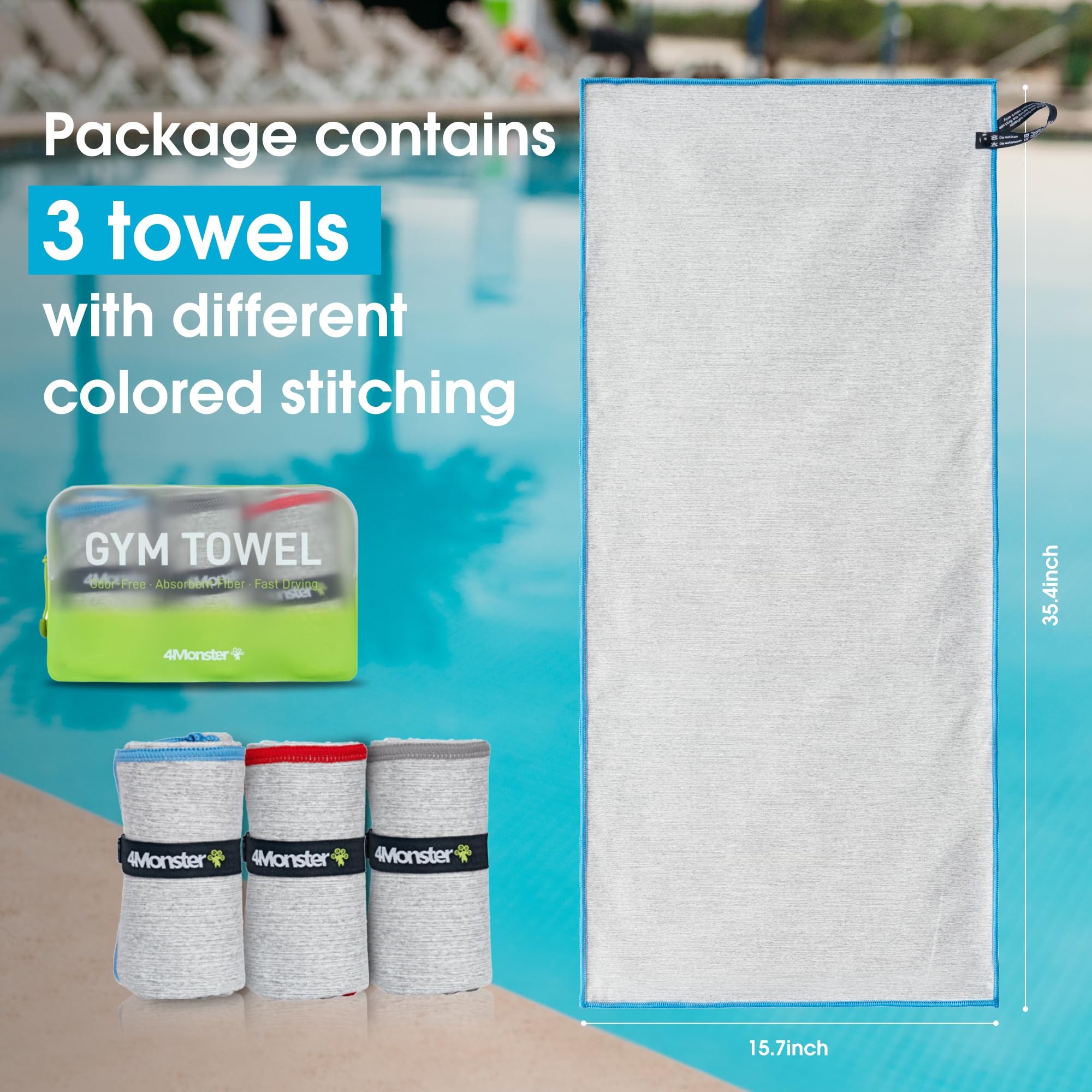 4Monster Quick-Dry Microfiber Gym & Workout Towel Set with Wet Bag - Ultra Soft, Absorbent for Body Sweat - Perfect for Travel, Camping, Beach, Pool & Shower (3-Pack, Blue/Gray/Red) - Ideal for Fitness Enthusiasts, Swimmers & Outdoor Adventures