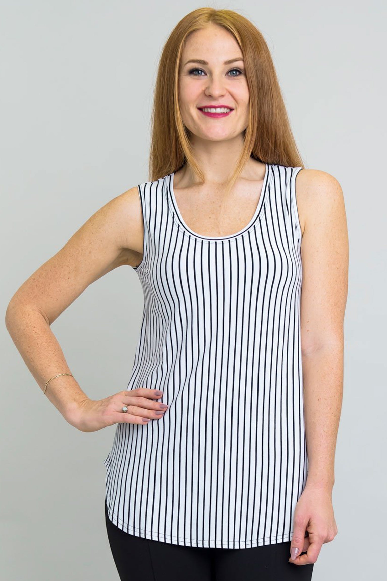 Jazz Tank Top - White & Black Small Stripe Bamboo Fabric Women's Casual Shirt | Perfect for Summer Outfits, Beach Wear, and Music Festivals