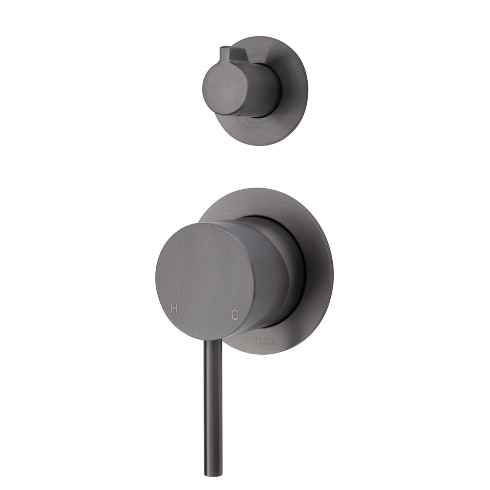 Fienza Kaya Small Round Plate Wall Diverter Mixer Faucet - Gunmetal Grey Finish for Bathroom Sink or Shower Installation