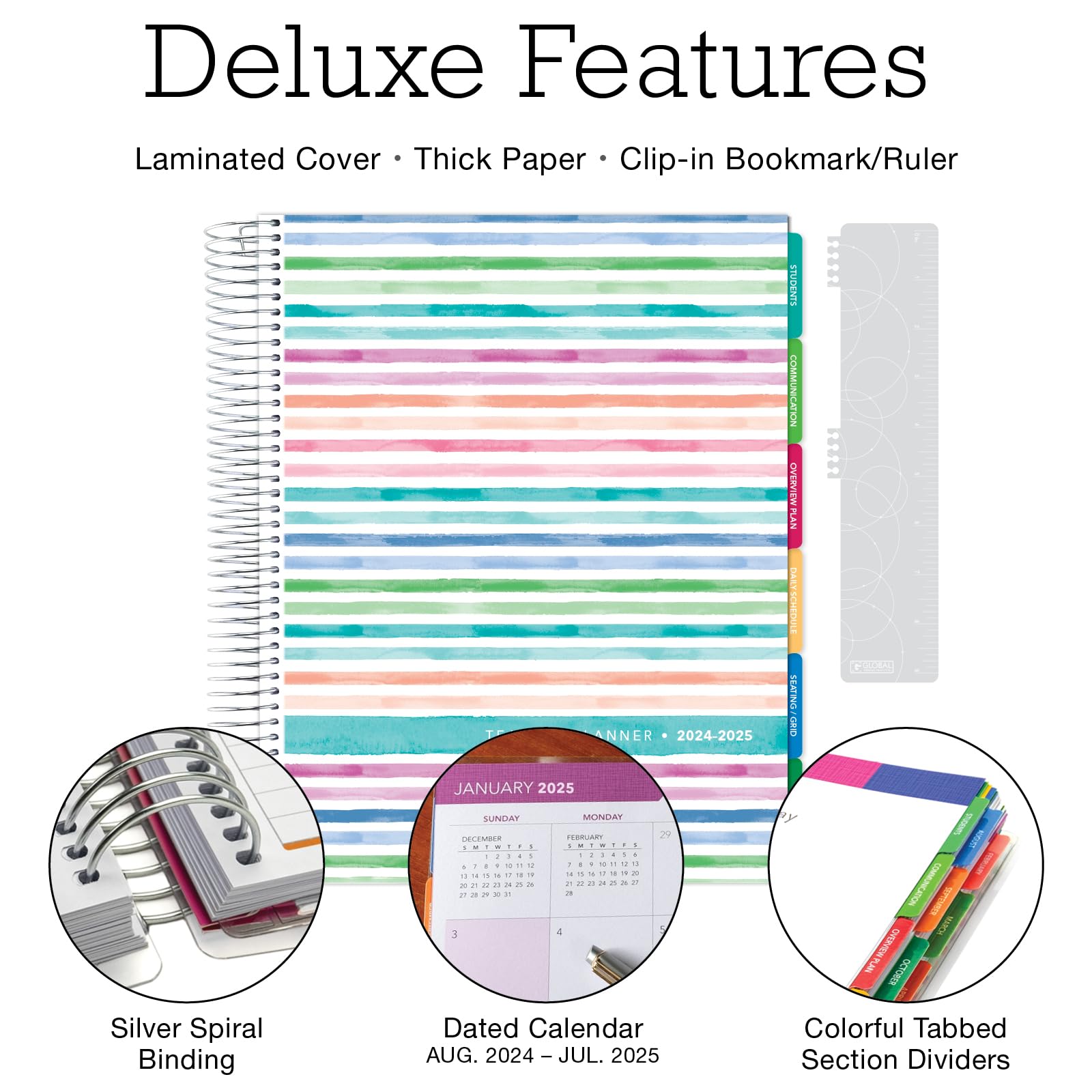 2024-2025 Teacher Planner - 8.5x11 Dated Academic Calendar with Weekly/Monthly Organizer, 7 Period Lesson Plan, Pocket Folder & Stickers - Watercolor Design for Classroom Organization & Teacher Gifts