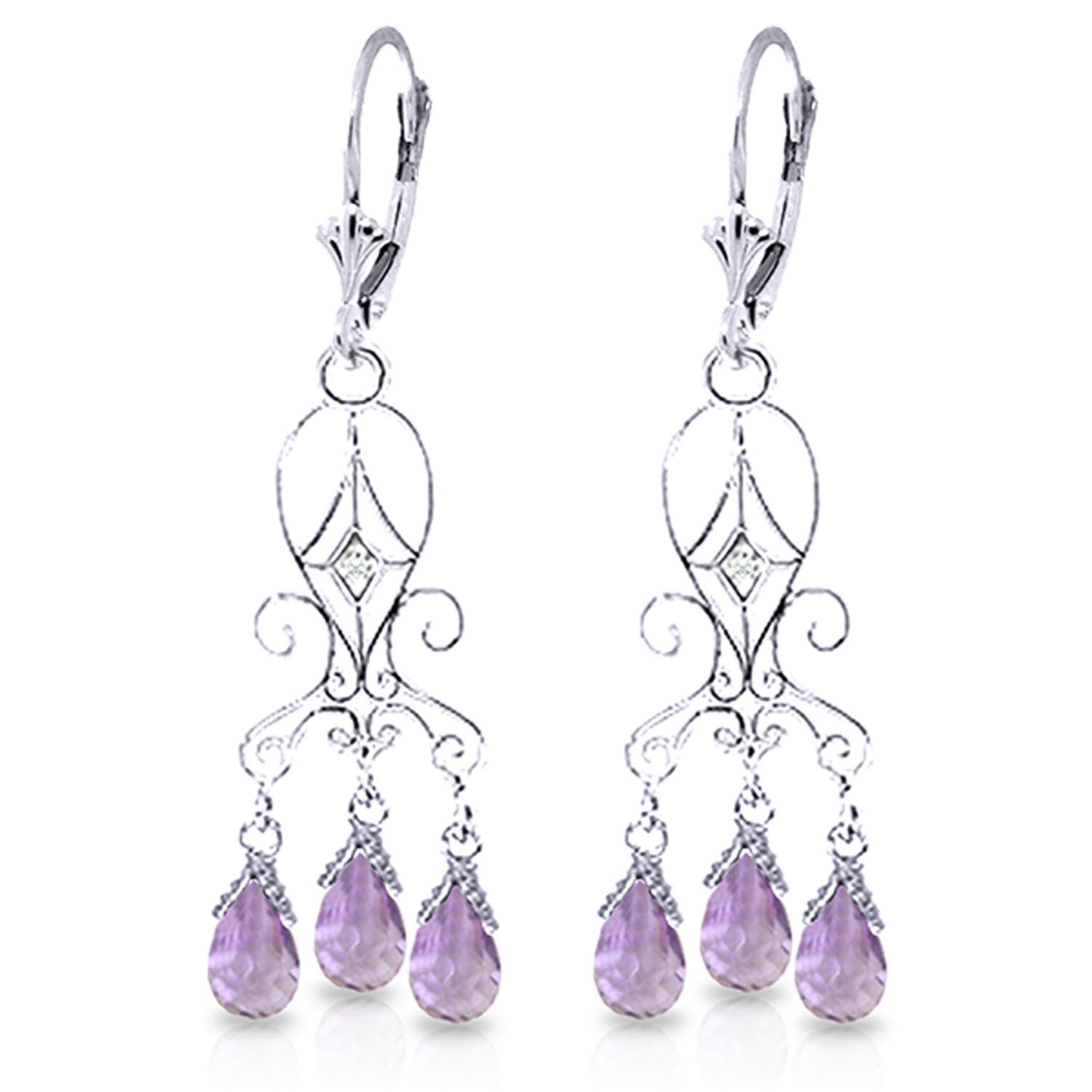14K White Gold Chandelier Earrings with Diamonds & Amethysts - Elegant Dangling Earrings for Women, Perfect for Weddings, Parties & Special Occasions