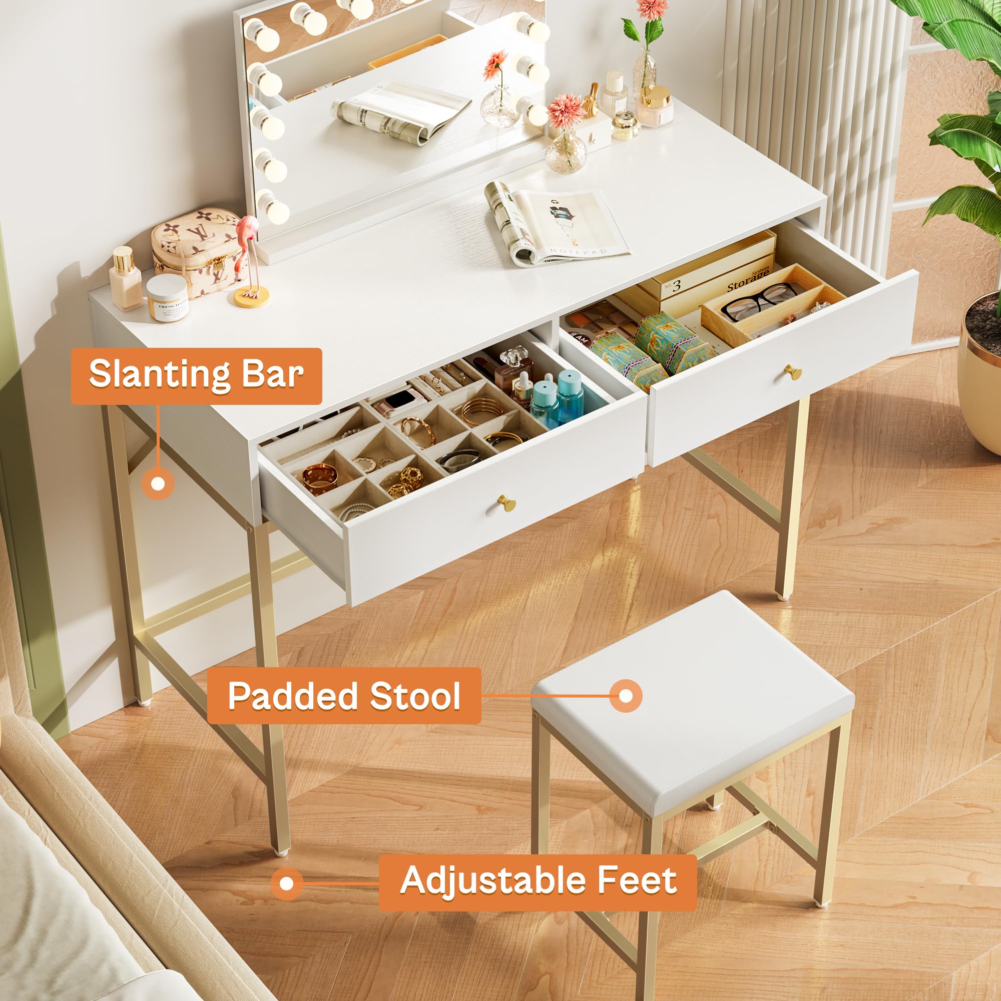 SUPERJARE 35.4 Inch White and Gold Modern Vanity Desk with 2 Drawers & Padded Stool - Elegant Makeup Dressing Table, Compact Computer Desk for Home Office, Study, Bedroom | Perfect for Small Spaces, Makeup Application, Remote Work & Study Sessions