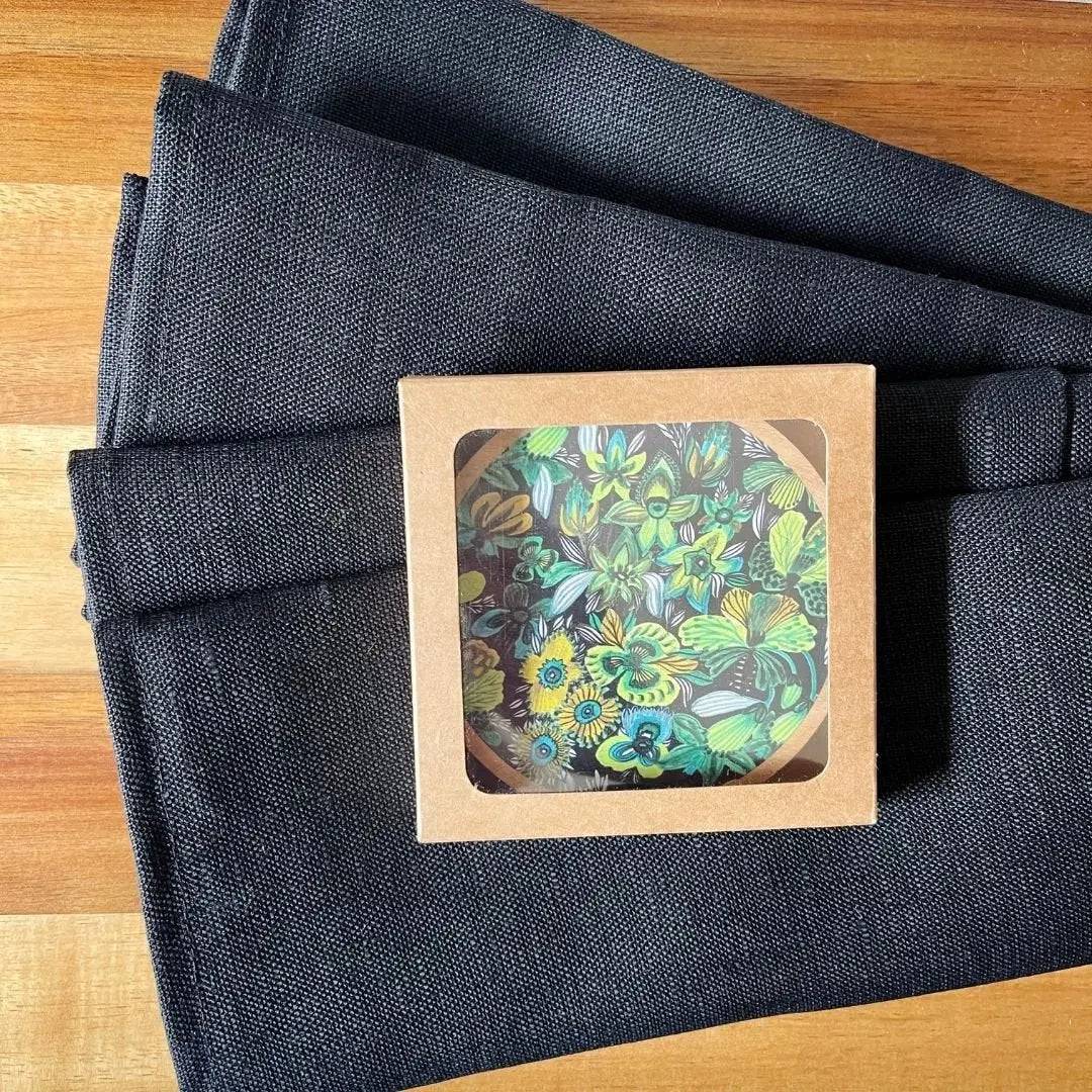 Premium Australian Wooden Coaster & Napkin Set with Rainforest Flowers Design - Perfect for Dining Table, Coffee Table, and Home Decor