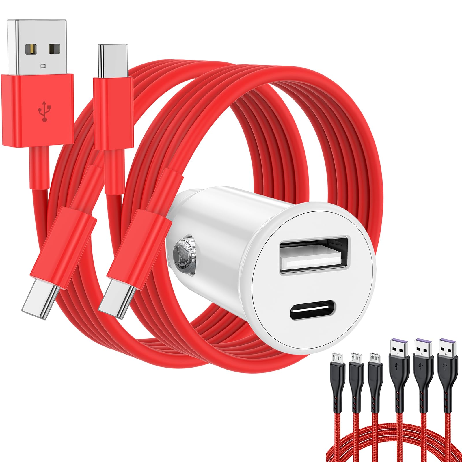 40W Dual Port USB-C & USB-A Fast Car Charger for iPhone 16/15 Pro Max/Plus - Includes 10ft Micro USB & 2x3ft USB-C CarPlay Cables - Perfect for Road Trips, Commuting & Charging Multiple Devices On-The-Go