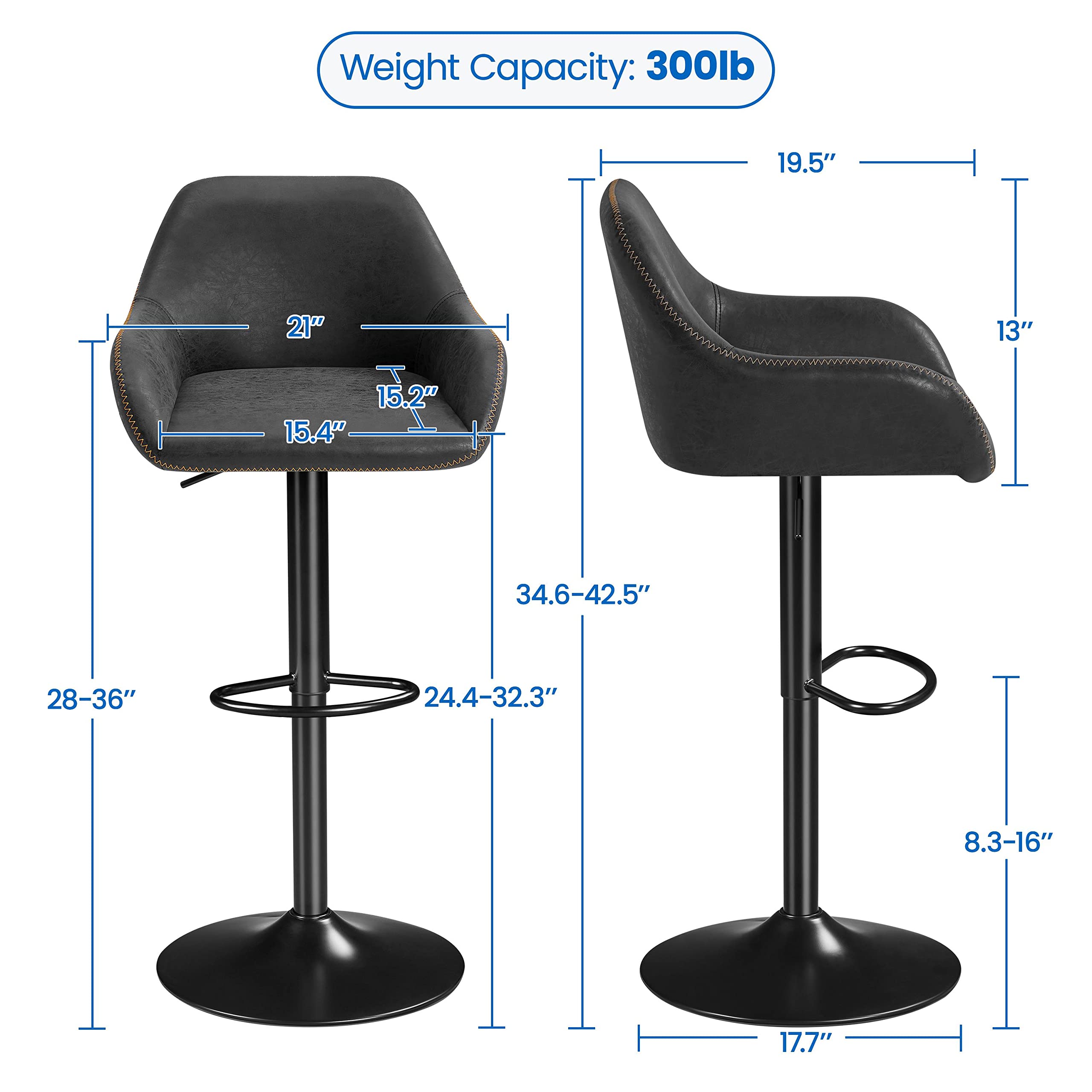 Yaheetech 2-Pack Adjustable Swivel Bar Stools with PU Leather Seat, Backrest & Footrest - Counter Height Kitchen Island Stools for Home, Restaurant & Bar Use - Black Modern Dining Chairs