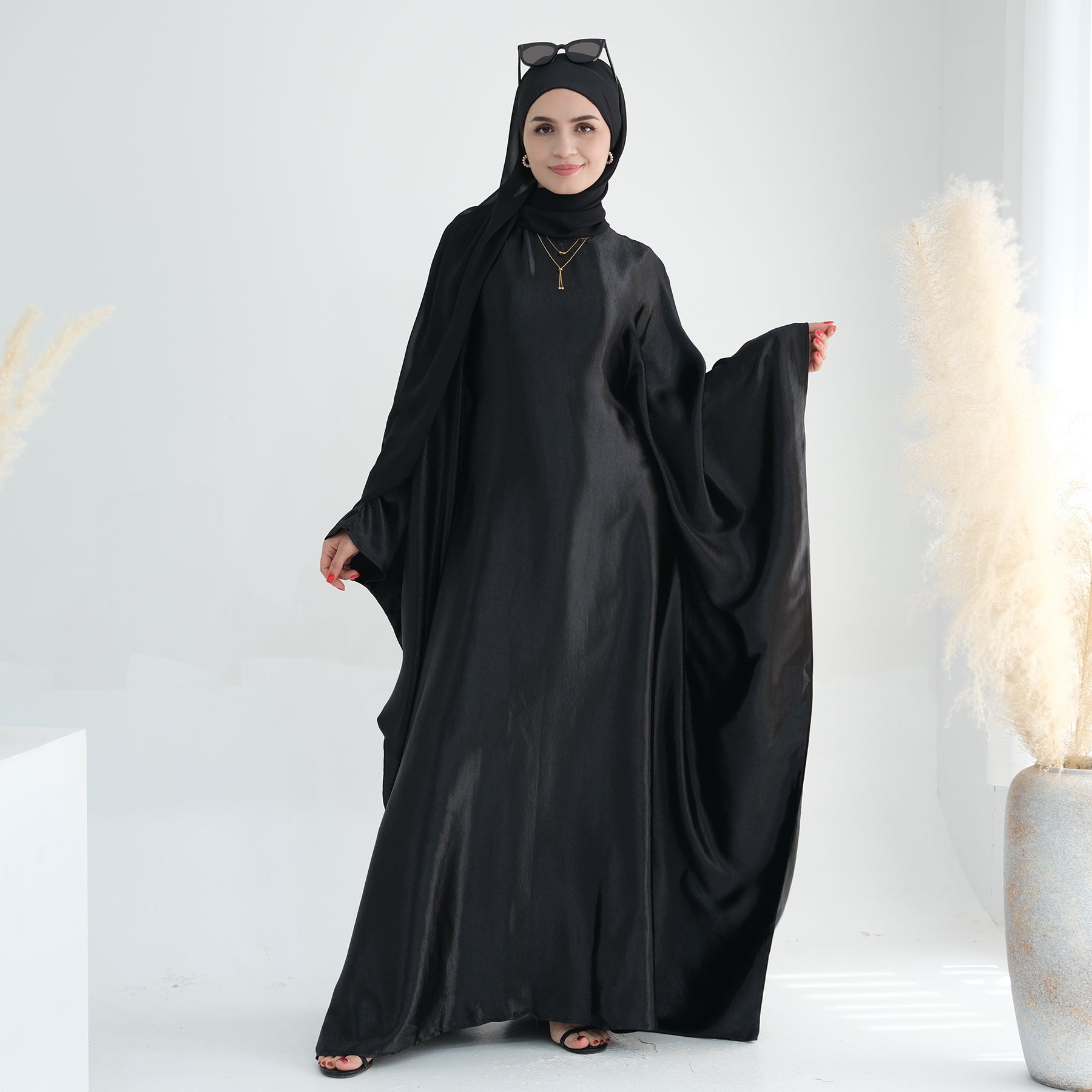 Elegant Black Alisha Butterfly Satin Abaya - Modest Muslim Dress for Women | Perfect for Prayer, Eid, Wedding & Special Occasions