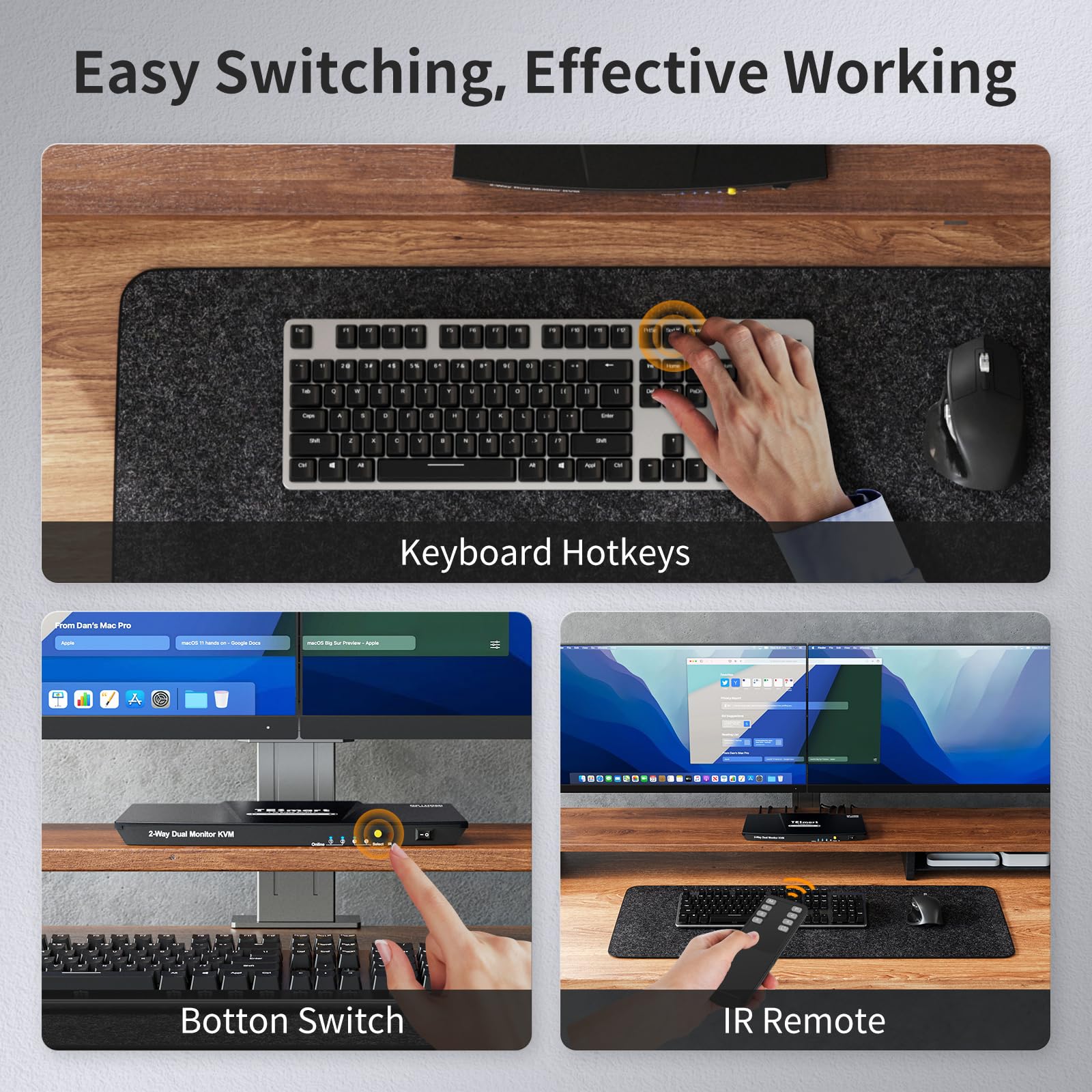 TESmart 4K@60Hz KVM Switch for Dual Monitors - 2 Port DisplayPort & HDMI, USB 2.0, EDID Emulator, Audio L/R, Hotkey & Button Switching - Perfect for Multi-PC Workstations, Gaming Setups & Home Office
