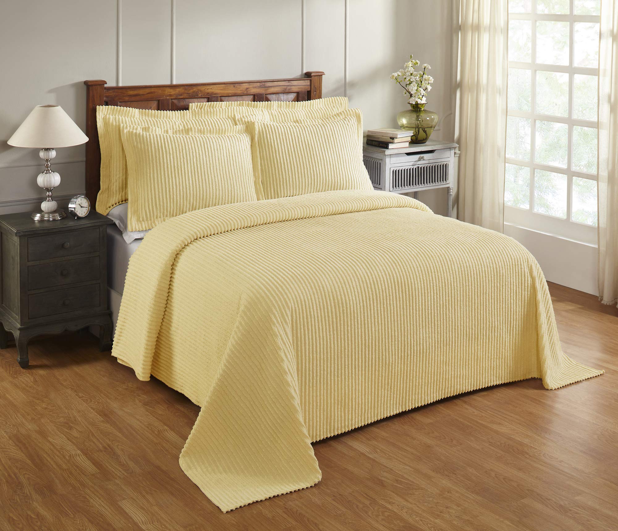 Better Trends Yellow King Bedspread Set - 100% Cotton Tufted Classic Stripe Coverlet | Soft & Cozy All-Season Bedding | Machine Washable 3-Piece Set - Jullian Collection | Perfect for Master Bedroom, Guest Room & Dorm Decor