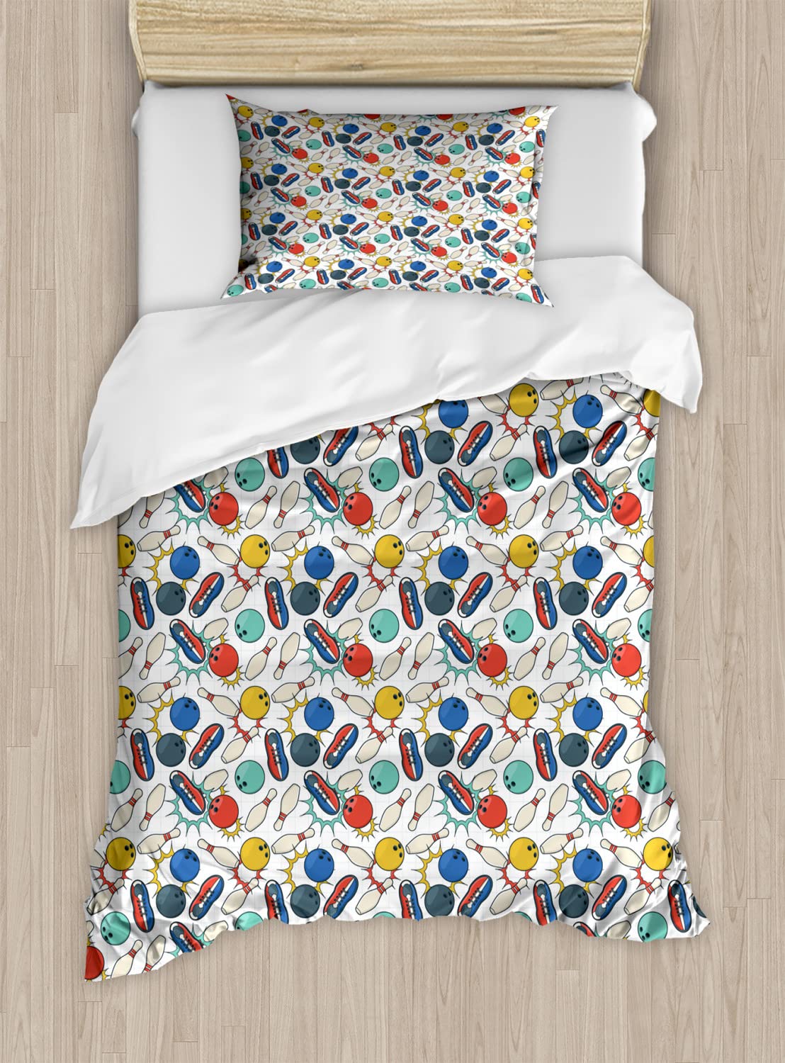 Ambesonne Bowling Duvet Cover Set - Retro Style Color Doodle Design with Ball Pins & Shoes on Notebook Sheet Backdrop, 2-Piece Twin Size Bedding Set (2 Duvet Covers & 2 Pillowcases) - Perfect for Bowling Enthusiasts' Bedrooms & Themed Guest Rooms