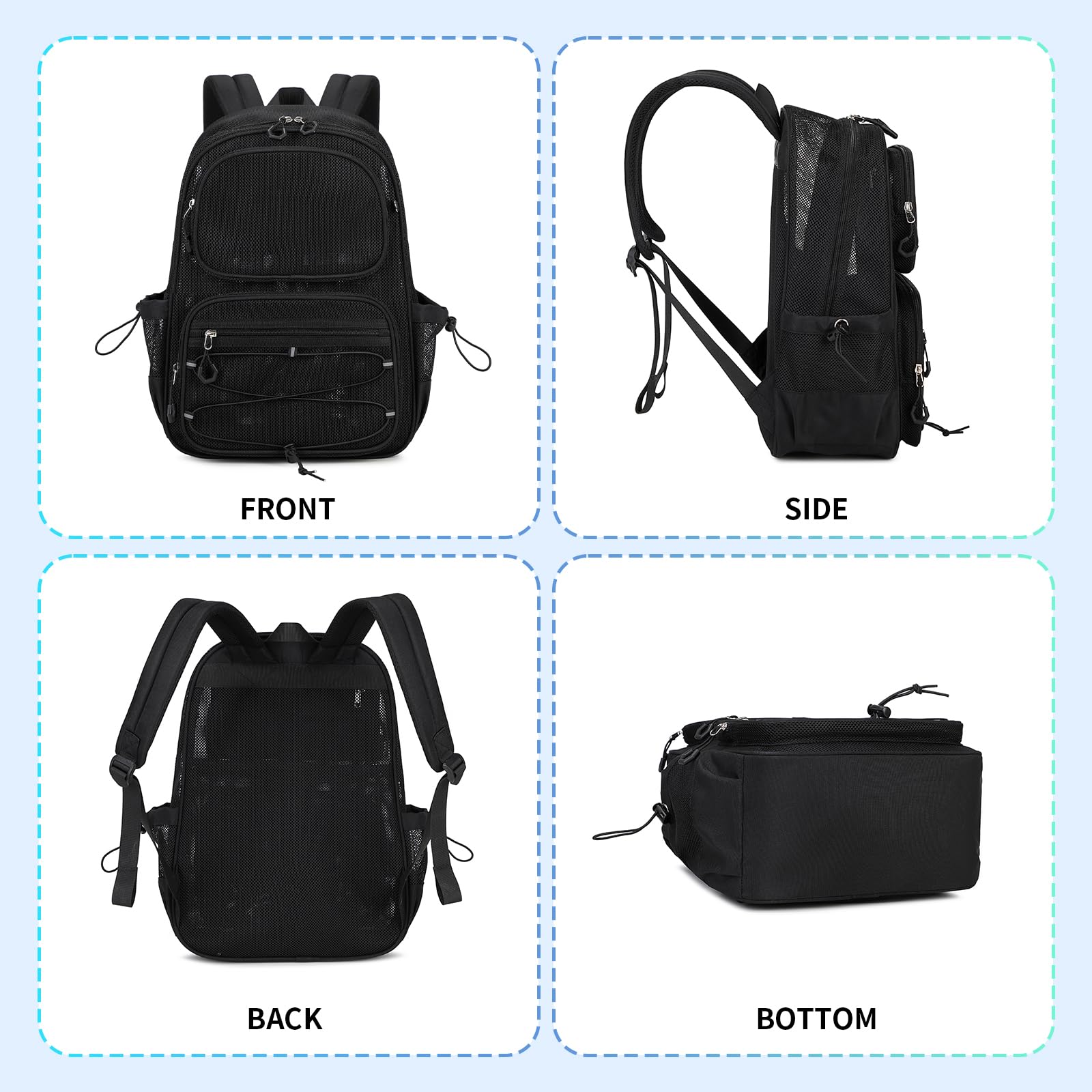 Mesh Backpack - Heavy Duty See Through Transparent Bookbag, Ultra Lightweight Breathable Net Backpack for School, Gym, Travel & Beach Sports (Black) - Perfect for School Supplies, Workout Gear & Outdoor Adventures