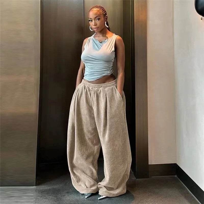Y2K Corduroy Wide Leg Pants for Women - High Waist Casual Streetwear with Pockets | Autumn Winter Loose Fit Long Pants | Perfect for Everyday Wear, Office & Fashion Outfits