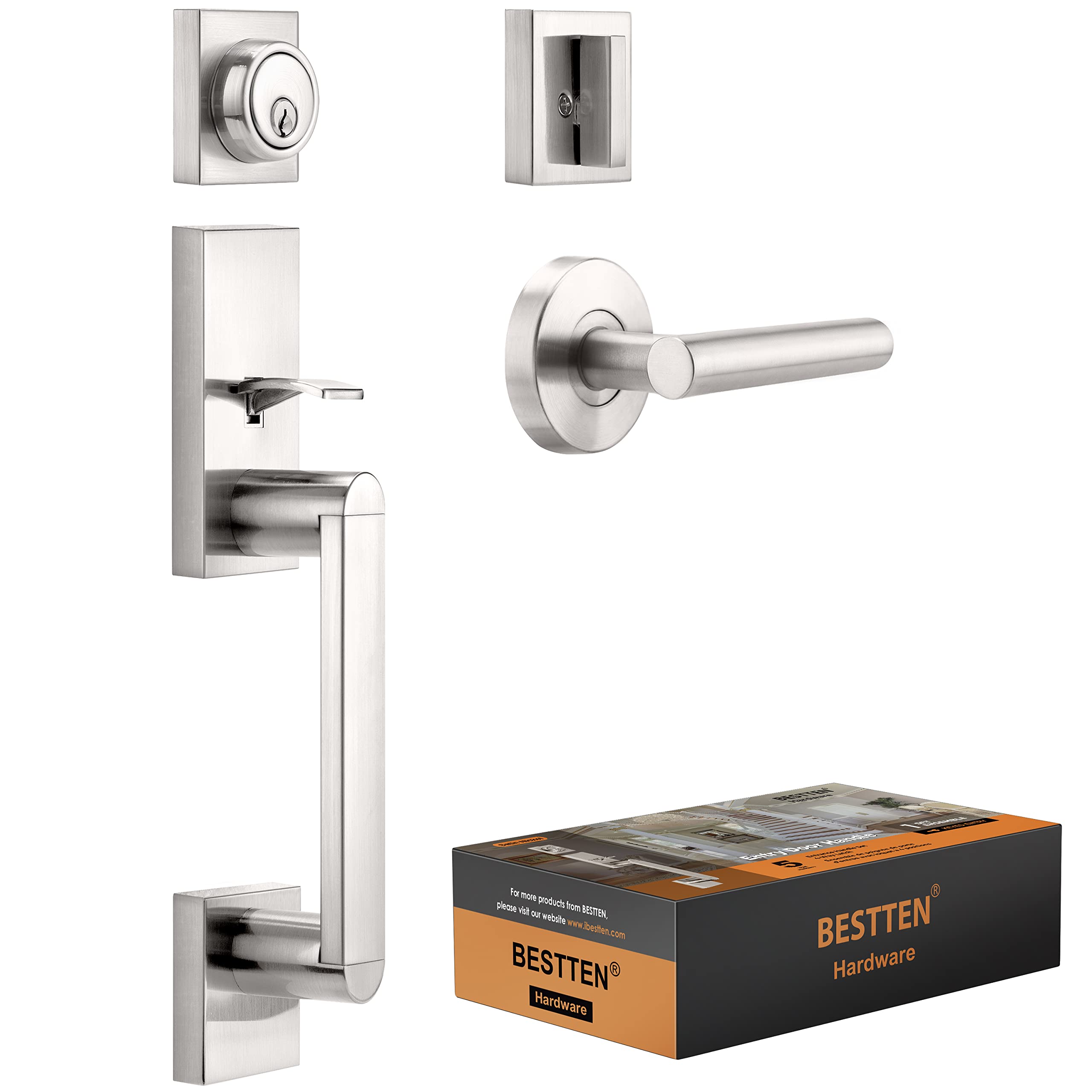 BESTTEN Satin Nickel Front Door Handle and Deadbolt Set - Single Cylinder Deadbolt Lock & Door Lever for Entry Doors - Reversible Right/Left Hand - Secure & Stylish Home Upgrade for Front Doors, Back Doors & Office Entrances