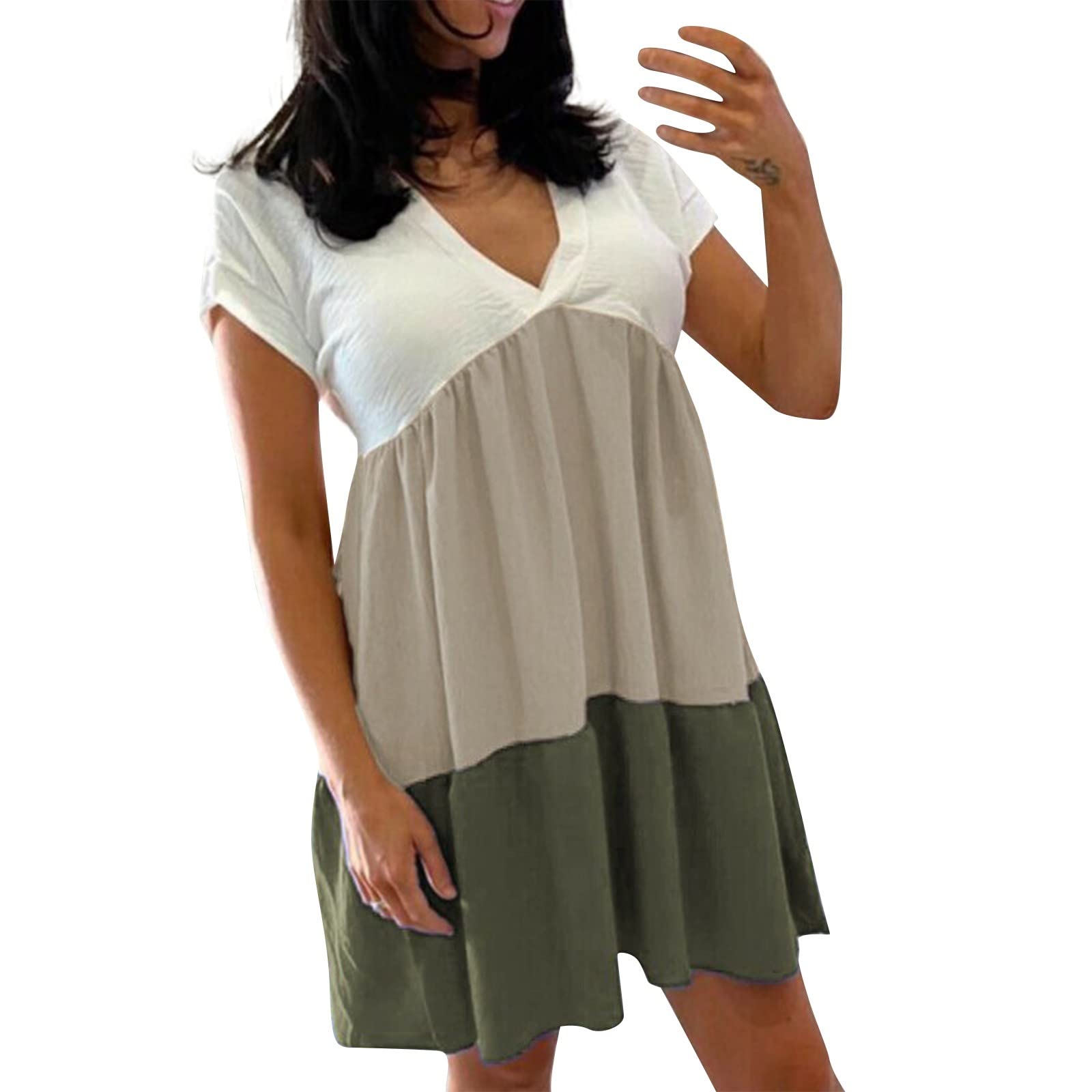 Women's Summer Casual Color Block Mini Dress - Sweet Cute V-Neck Short Sleeve Ruffle Dress with Pockets | Perfect for Beach Vacation, Date Night & Summer Parties