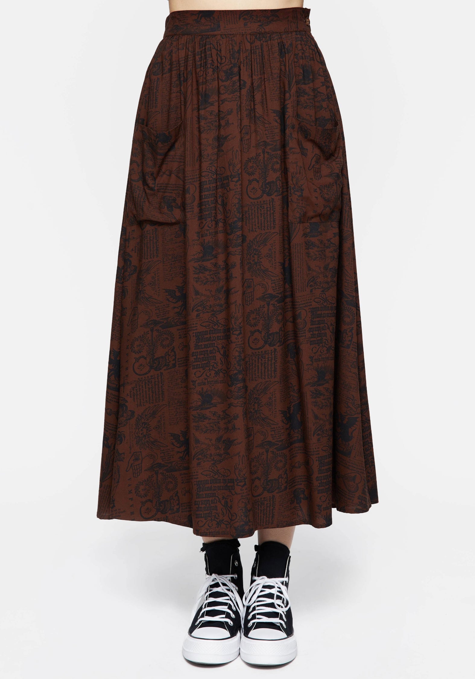 Daemonologie Woodcut Print Midi Skirt - Vintage Gothic A-Line Skirt for Women | Perfect for Halloween, Cosplay & Dark Academia Outfits