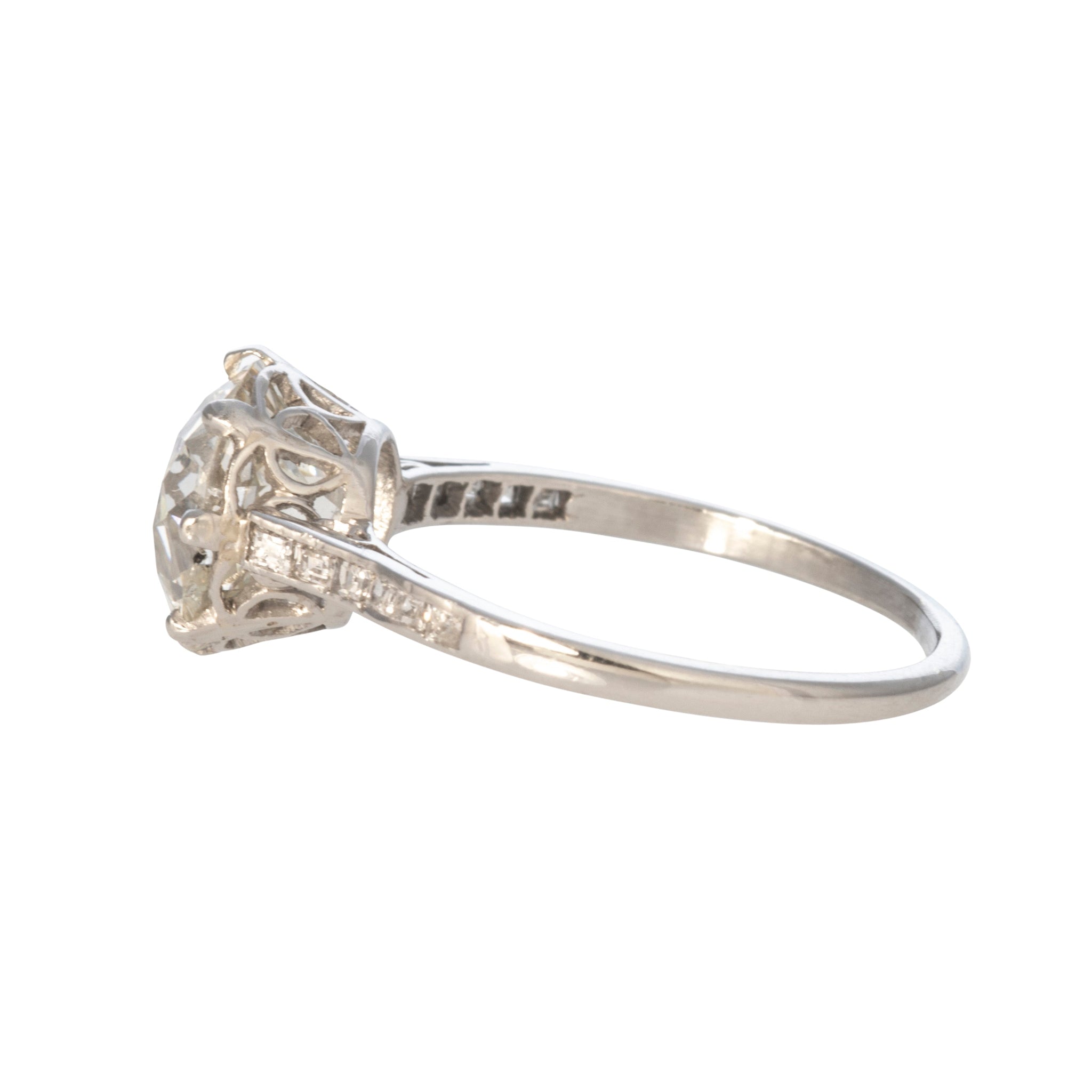 Vintage 2.53ct Old Mine Cut Diamond Platinum Ring with Baguette Side Stones - Elegant Engagement, Wedding, Anniversary Jewelry Gift for Her