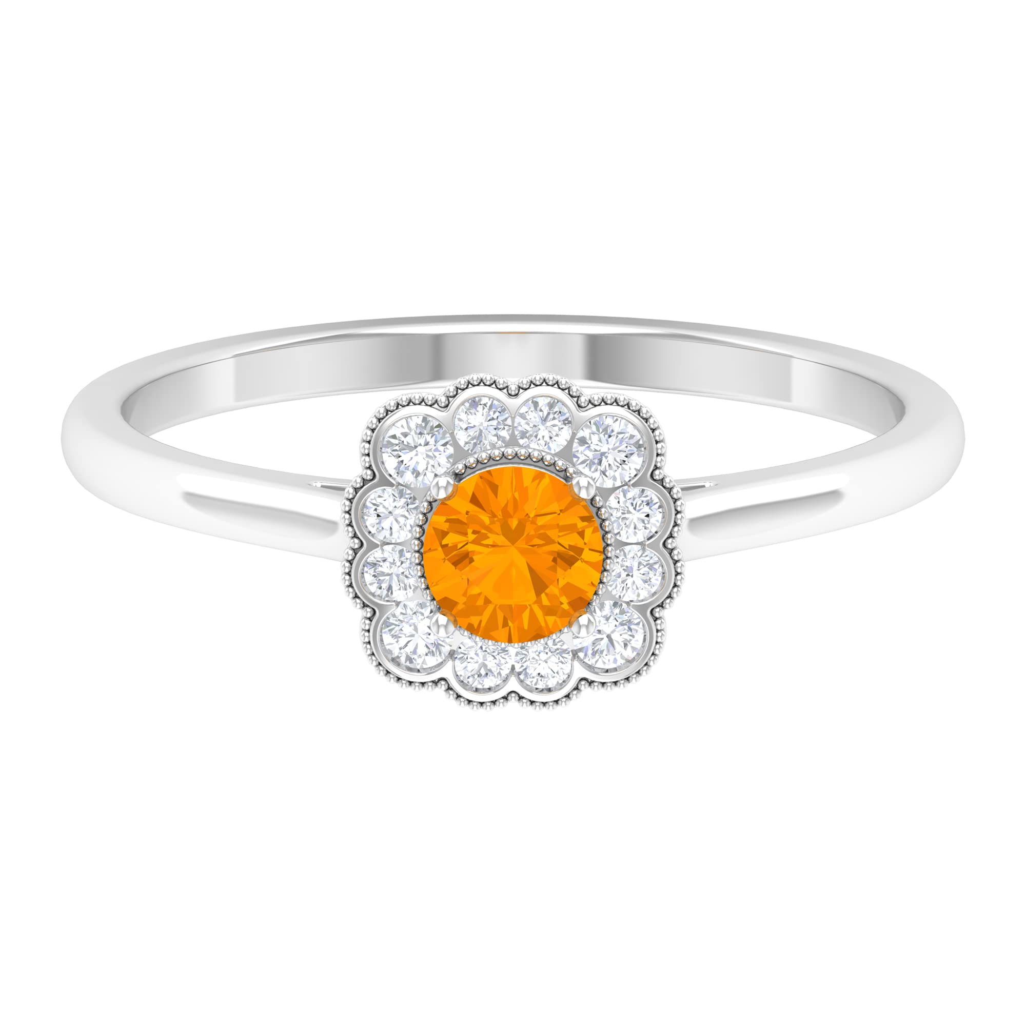 0.75 CT Natural Orange Sapphire & Diamond Vintage Ring - 4mm Round Cut 14K Solid Gold Milgrain Band - Elegant Birthstone Jewelry for Women - Perfect for Anniversaries, Engagements & Special Occasions