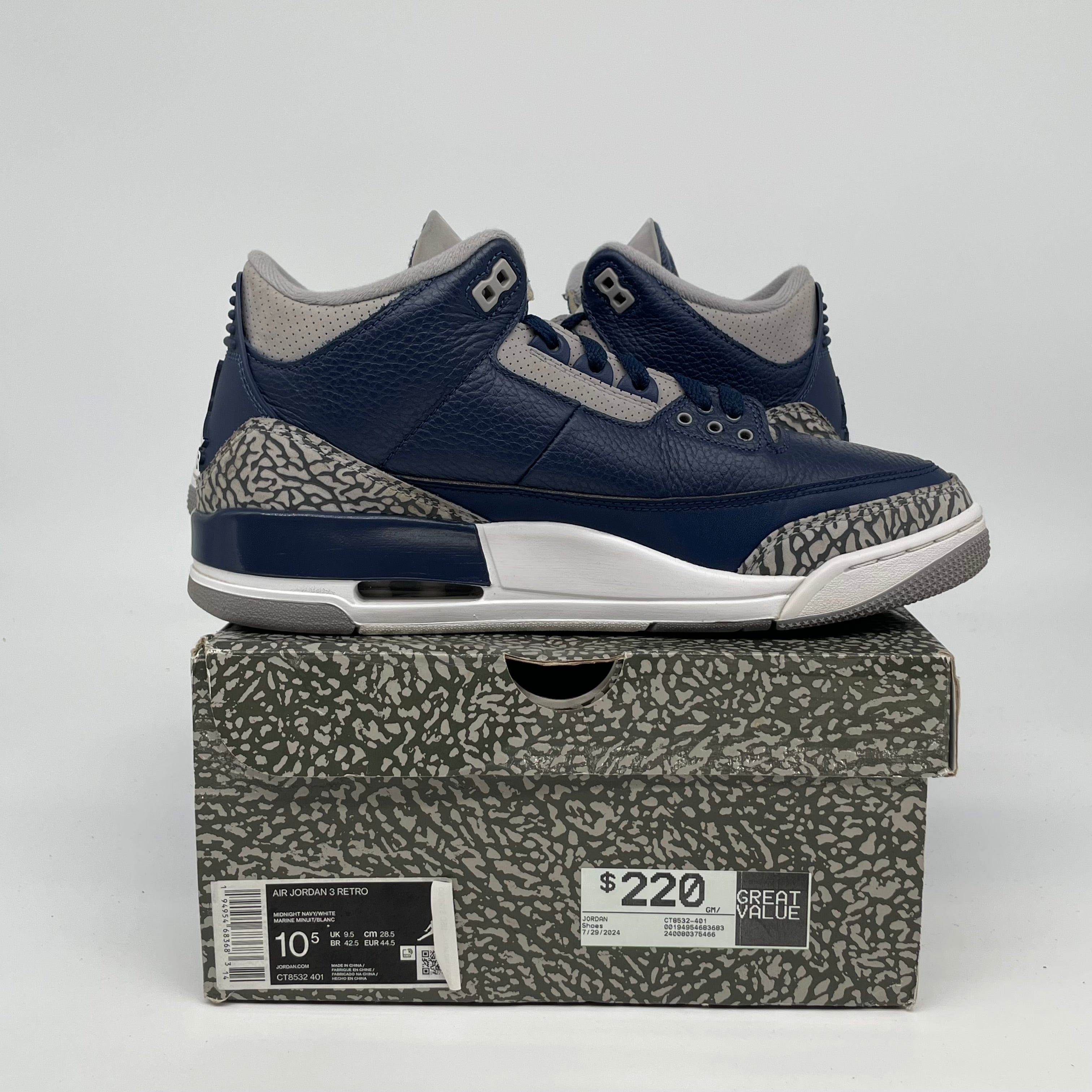 AIR JORDAN 3 GEORGETOWN Retro Basketball Shoes Men's Size 10.5 - White/Blue/Grey (CT8532-401) | Official Nike Sneakers for Streetwear & Basketball Games