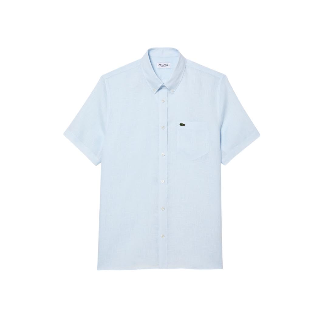 Lacoste Men's Short Sleeve Linen Button Down Shirt - Classic Regular Fit with Front Pocket | Casual Summer Wear, Office & Outdoor Activities