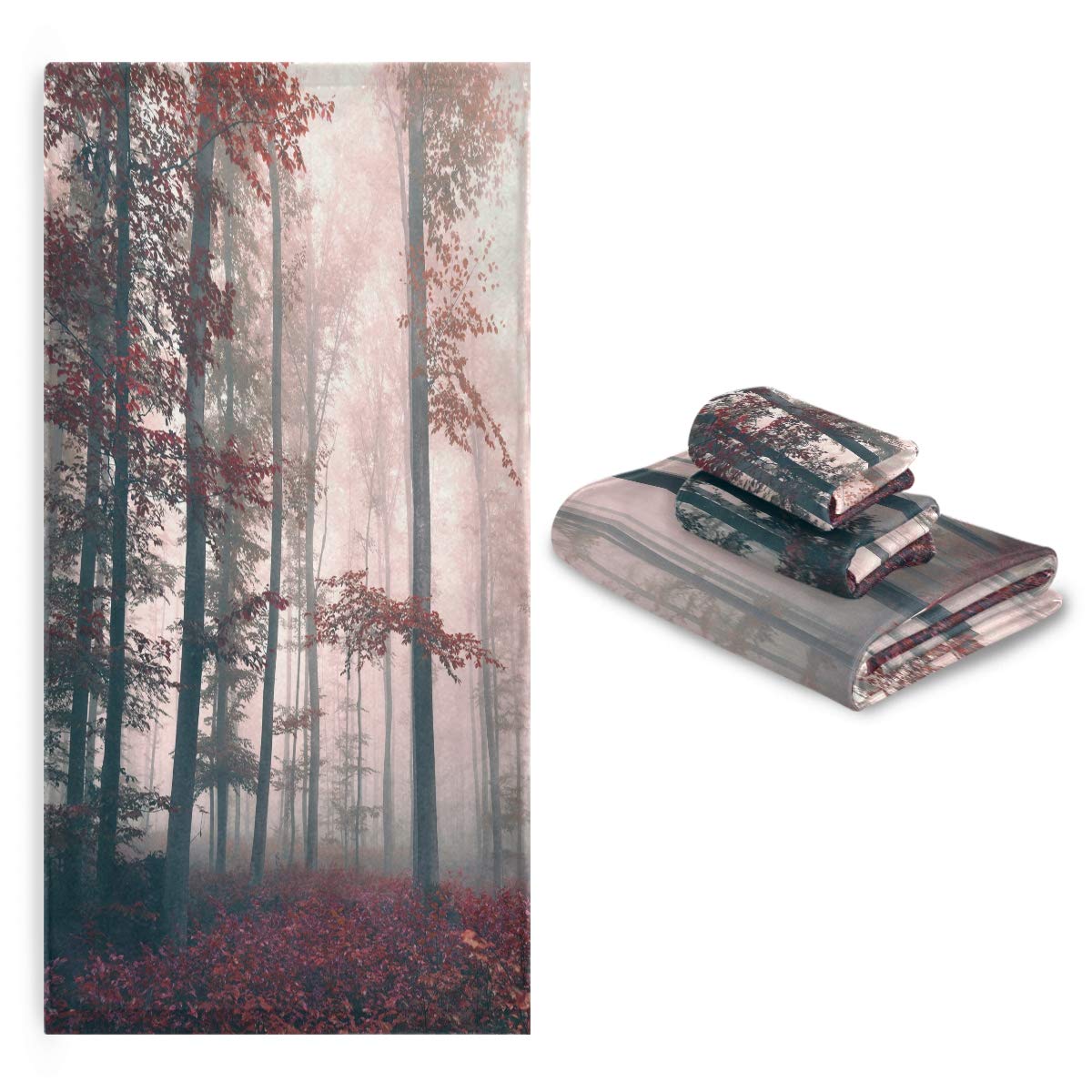 Blueangle Foggy Red Forest Cotton Towel Set of 3 - 1 Large Bath Towel, 1 Hand Towel & 1 Washcloth | Super Soft, Highly Absorbent & Spa Quality | Perfect for Bathroom, Hotel, Spa & Luxury Home Use