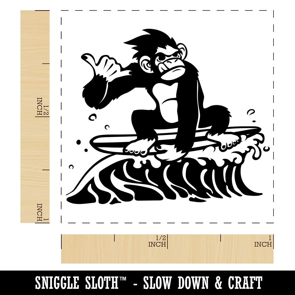 Gnarly Surfer Chimpanzee Ape on Wave Self-Inking Rubber Stamp - 1 Inch Small Stamp with Blue Ink - Perfect for DIY Crafts, Scrapbooking, and Party Invitations