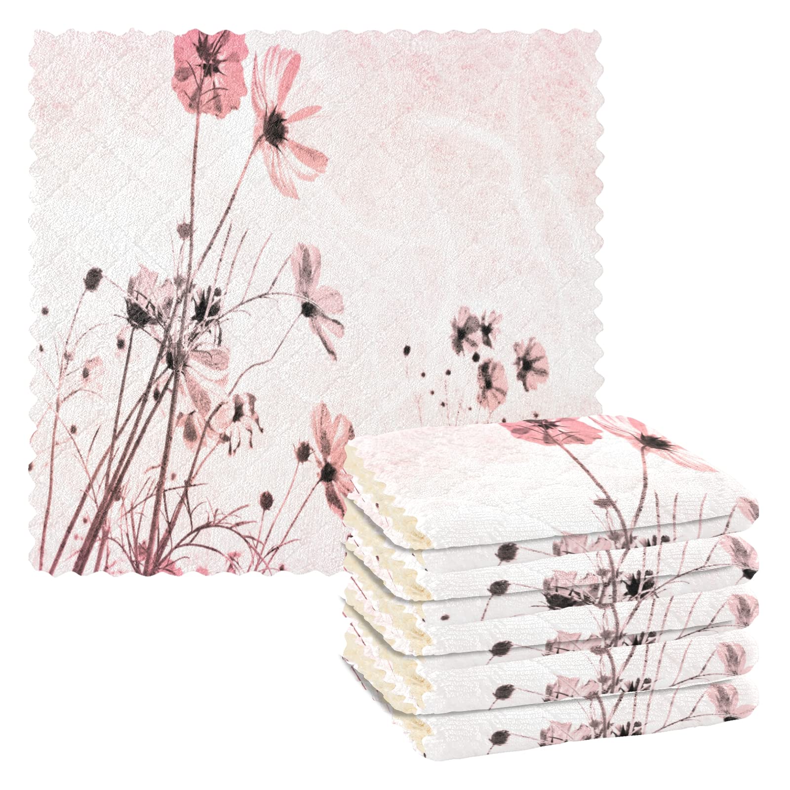 6 Pack Cosmos Flower Dish Towels - 11x11 Inch Kitchen & Bar Cleaning Cloths for Dishes, Counter, Car
