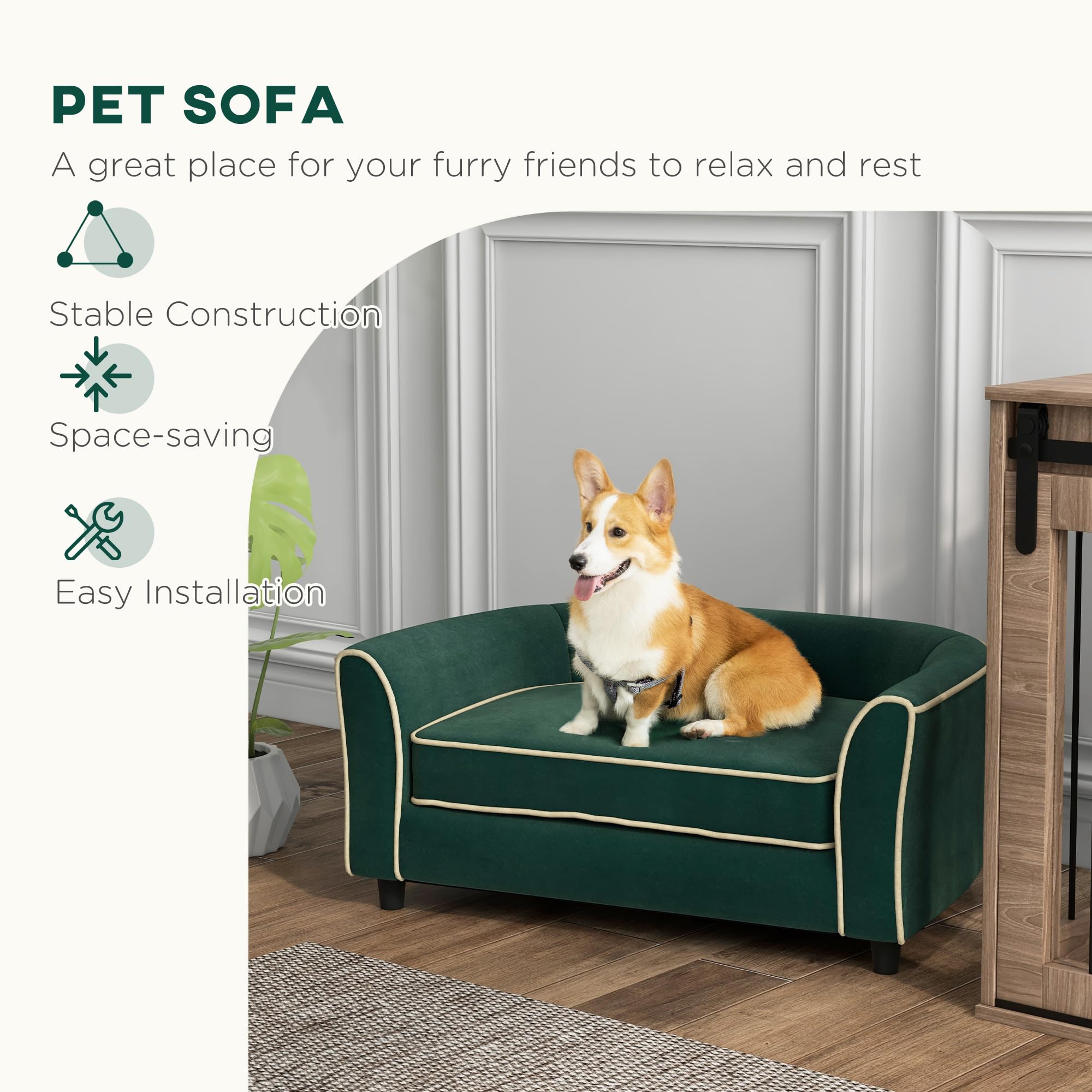 PawHut Modern Dog Sofa Bed for Small & Medium Dogs - Soft Cushion with Washable Removable Cover, Dark Green - Cozy Pet Couch for Living Room, Bedroom & Apartment
