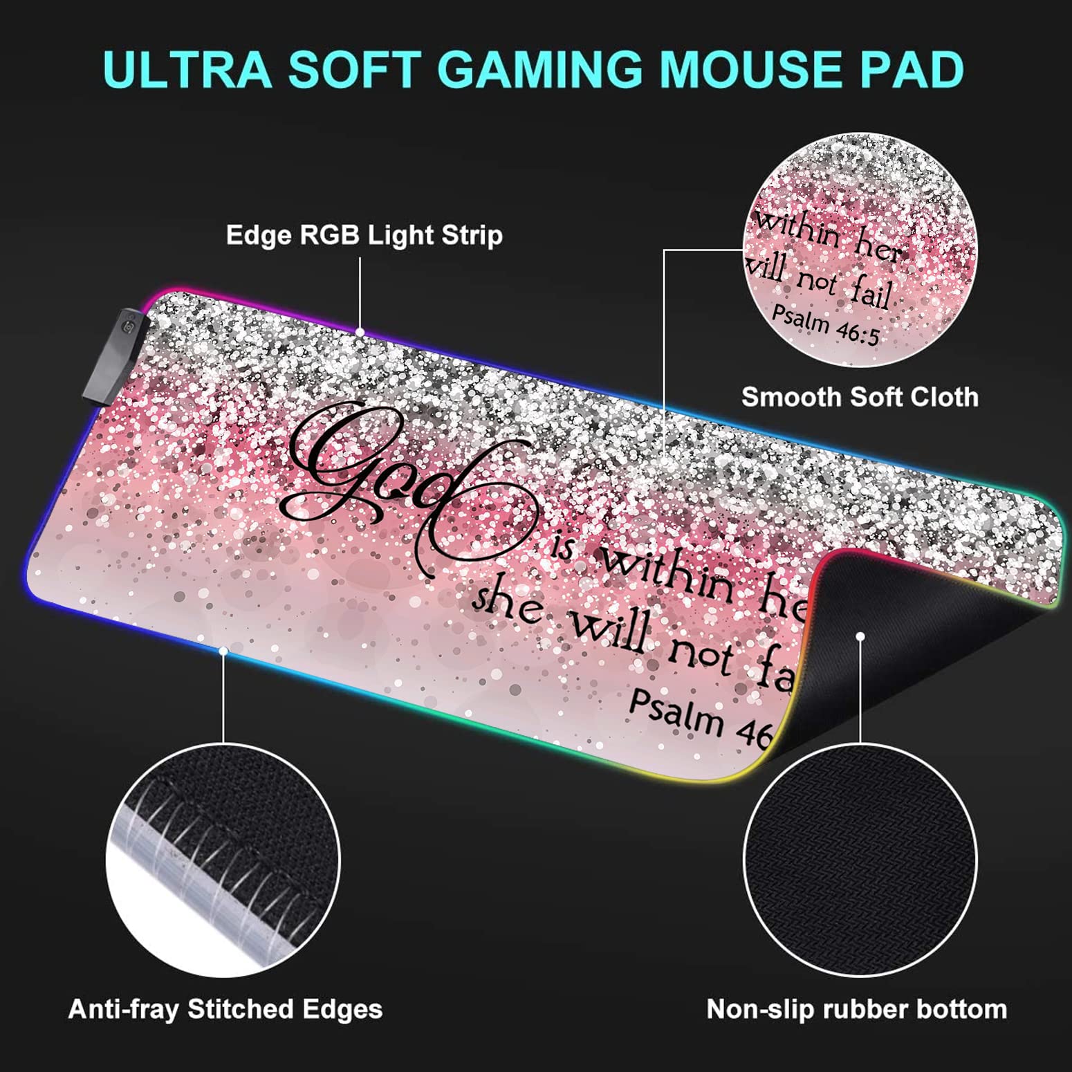 RGB LED Gaming Mouse Pad - Large Non-Slip Desk Mat with Optical Waterproof Surface for PC & Keyboard | Perfect for Esports, Office Work & Streaming | Motivational Bible Verse Design (Psalm 46:5)