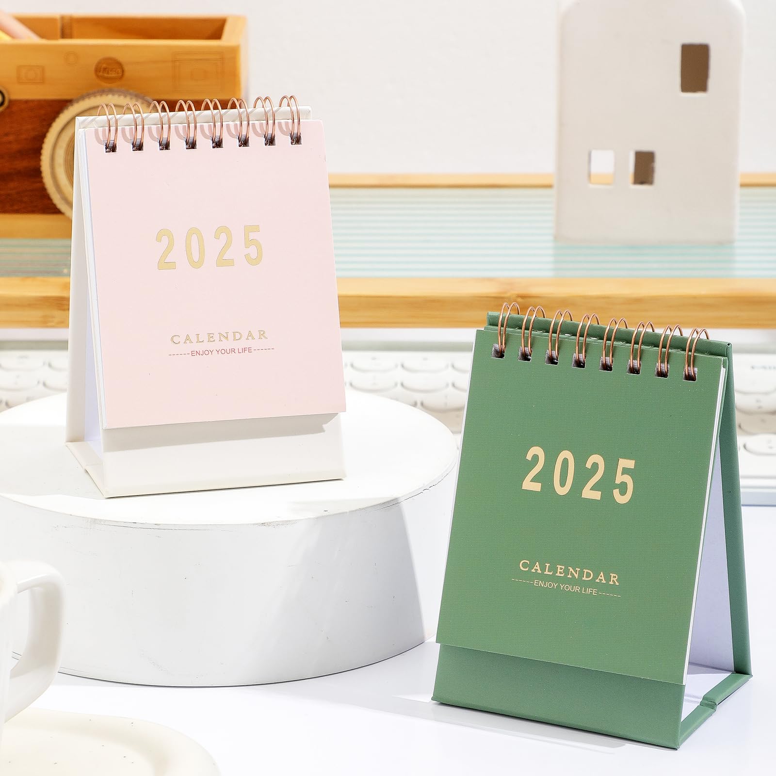 2025 Mini Desk Calendar - Standing Flip Monthly Planner with Twin-Wire Binding - Thick Paper Home & Office Desktop Calendar (Green) | Perfect for Scheduling, Gift Giving & Workspace Organization