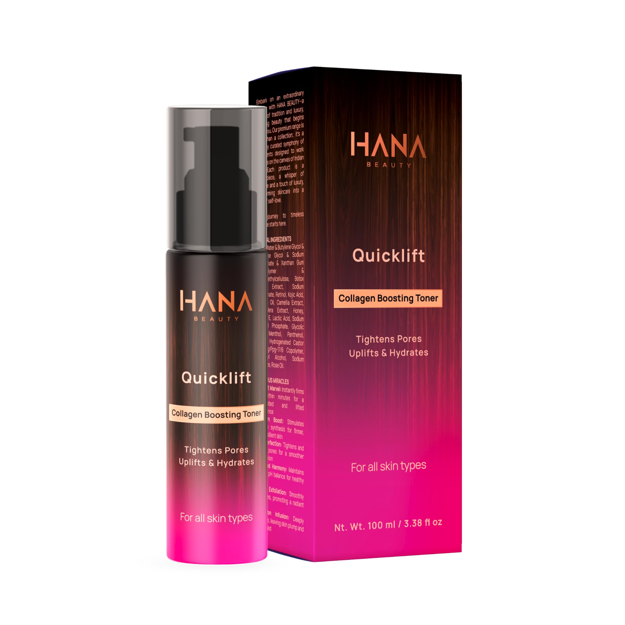 Hana Beauty Collagen Boosting Toner with Quicklift Technology | Instant Skin Tightening & Firming | Anti-Aging Face Toner | Minimizes Pores & Balances Skin pH | For Oily, Dry, Sensitive & Combination Skin | Men & Women | 100ml | Perfect for Daily Skincare Routine & Pre-Makeup Prep