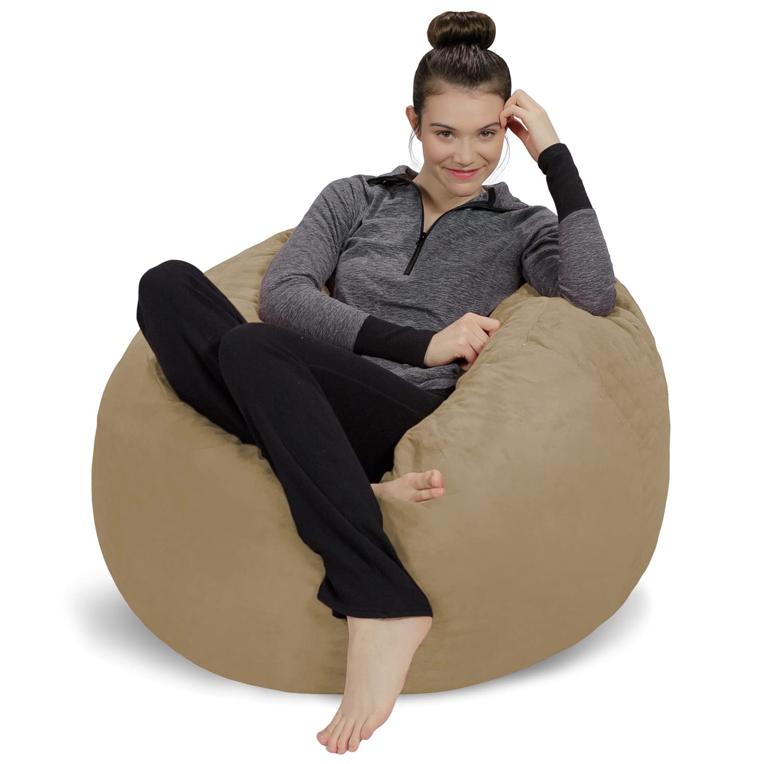 3' Memory Foam Bean Bag Chair - Soft Microfiber Sofa Sack with Removable Cover (Beige) | Comfortable Lounge Seating for Living Room, Bedroom & Game Room
