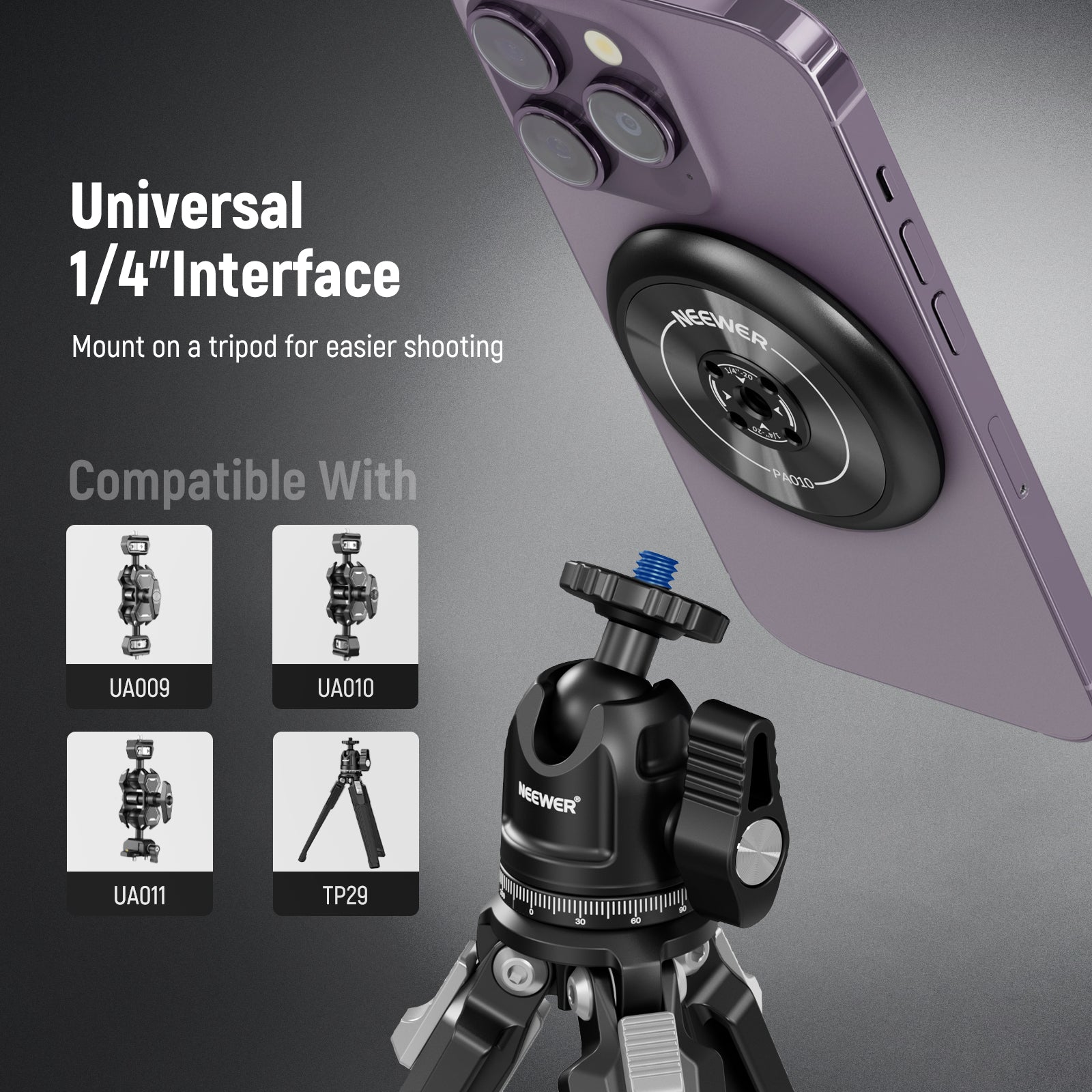 NEEWER PA010 Magnetic Phone Tripod Mount Adapter - Compatible with iPhone MagSafe & Android Phones - Perfect for Vlogging, Live Streaming & Hands-Free Photography