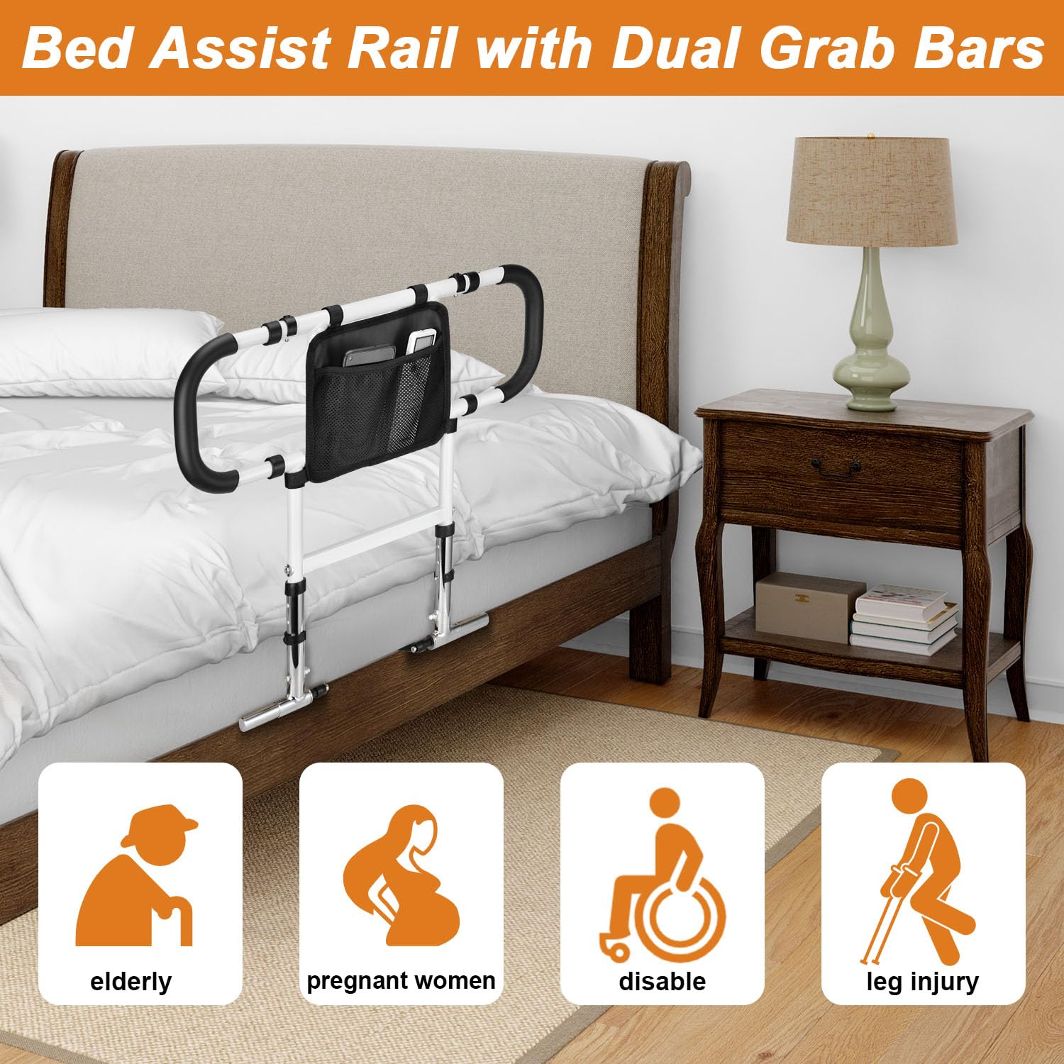 Foldable Retractable Bed Assist Rail for Elderly - Adjustable Height Safety Rail with Dual Grab Bars & Storage Pocket - Fits Medical, Queen & Twin Beds - Ideal for Home Care & Senior Safety