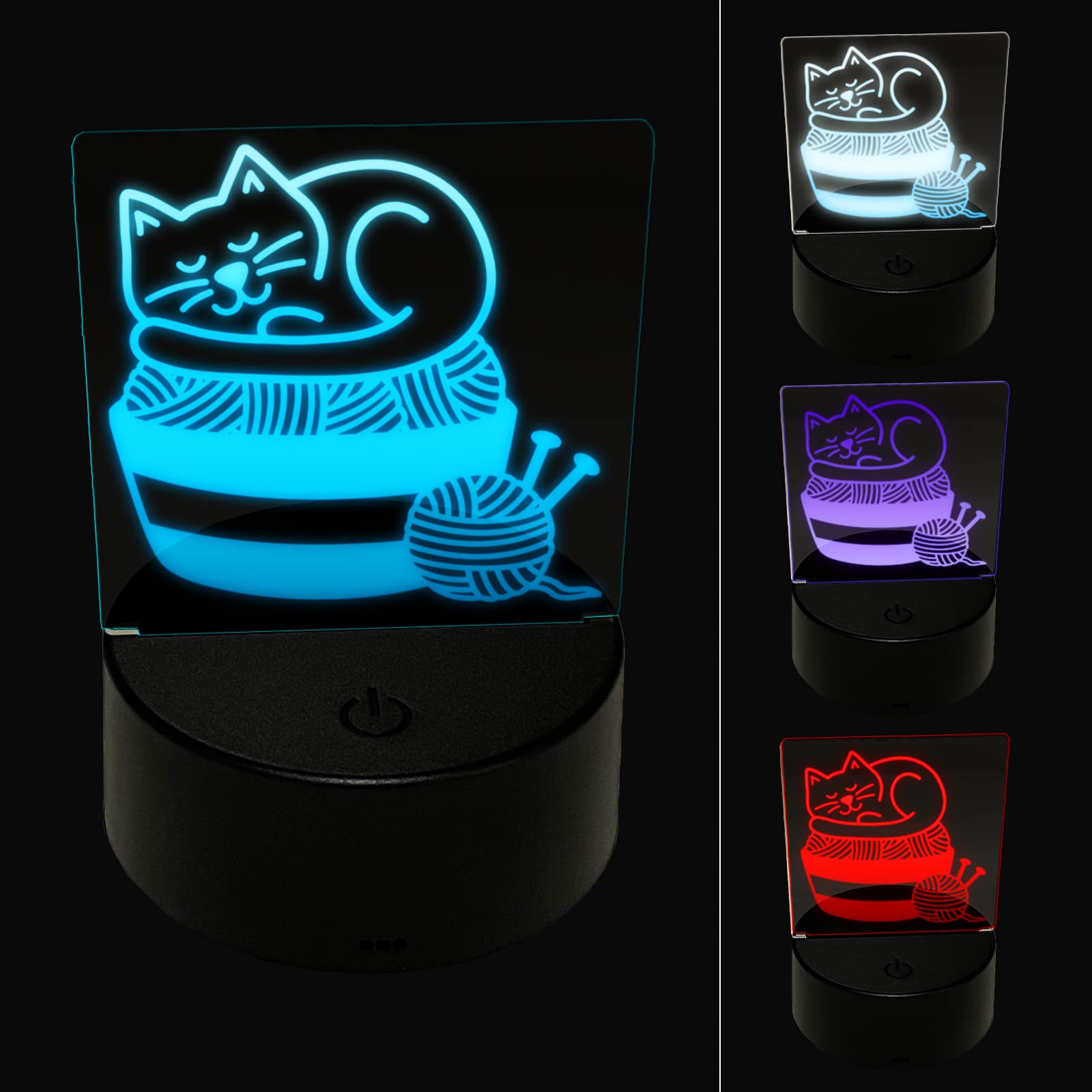 Sniggle Sloth Cat Sleeping on Yarn Basket - 3D Illusion LED Night Light for Bedroom, Nursery & Office Desk - Cute Animal-Themed Lamp for Kids & Adults