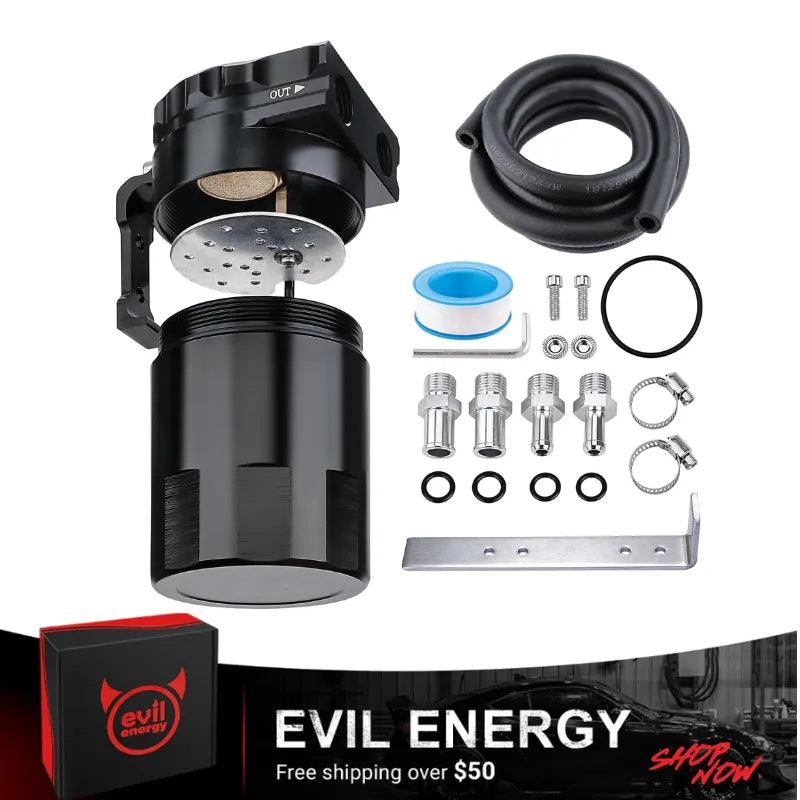 EVIL ENERGY Universal 300ML Aluminum Oil Catch Can with Baffle & Hose Kit - High Performance Air Oil Separator for Car, Truck & Motorcycle Engine Protection
